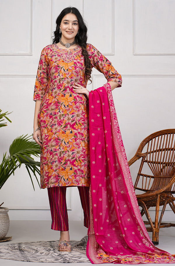 Deep Pink With Floral Print Embroidered and Embellished Silk Suit Set