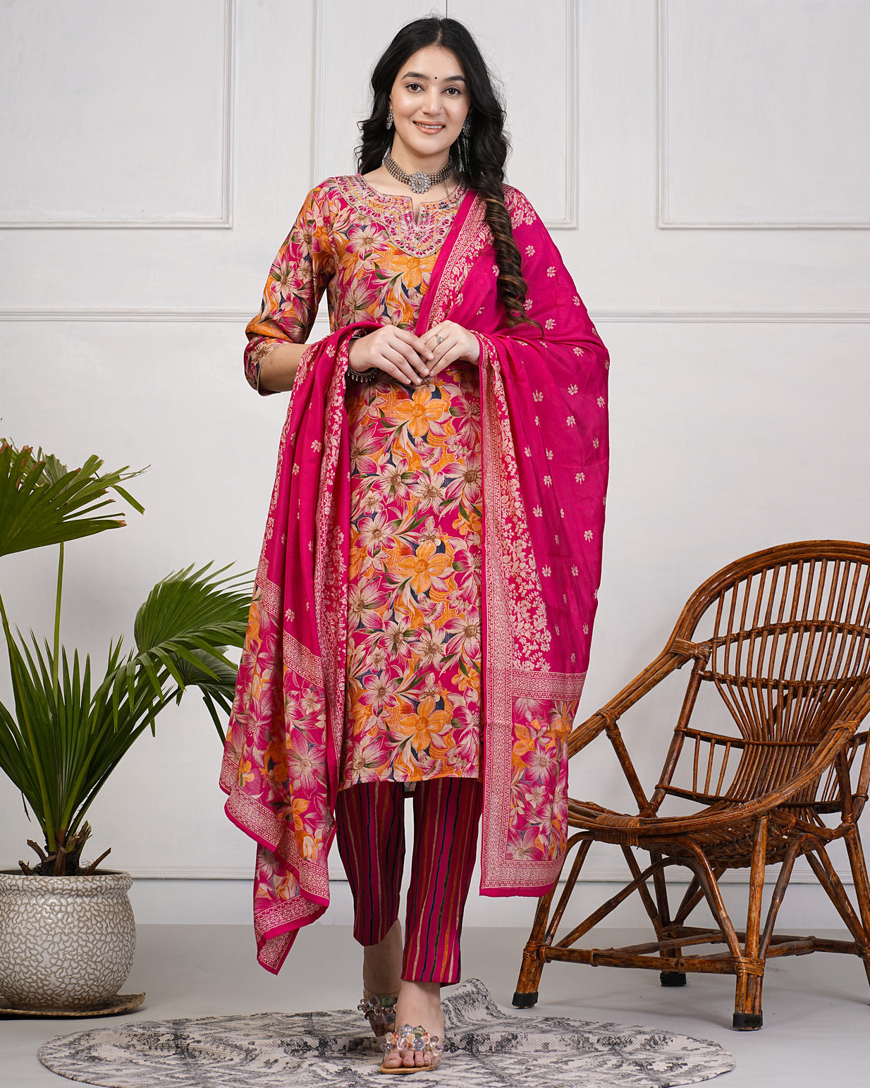 Deep Pink With Floral Print Embroidered and Embellished Silk Suit Set