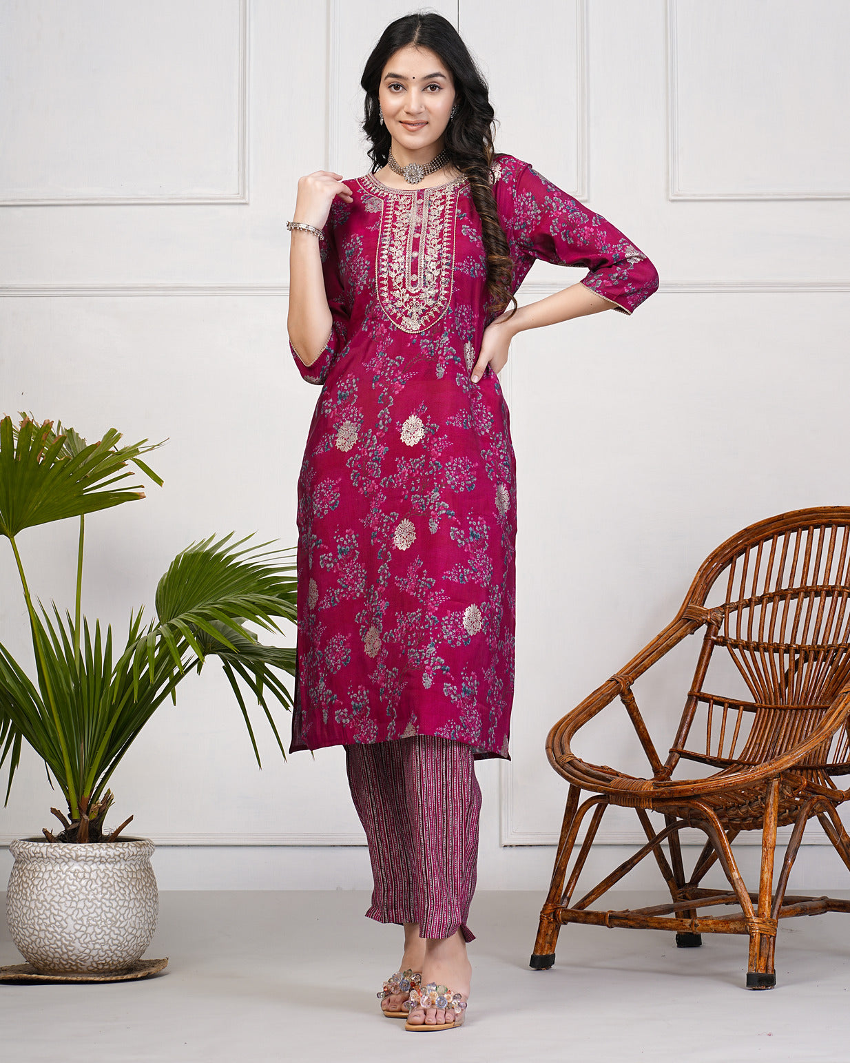 Vine With Floral Embroidered and Embellished Silk Suit Set