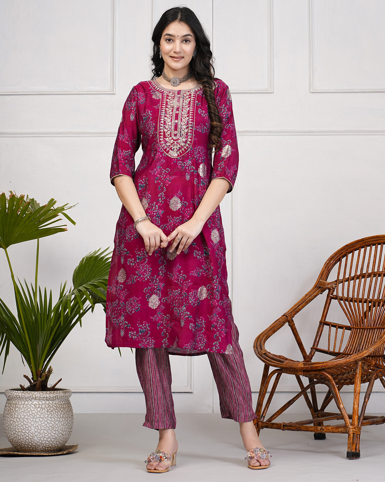 Vine With Floral Embroidered and Embellished Silk Suit Set