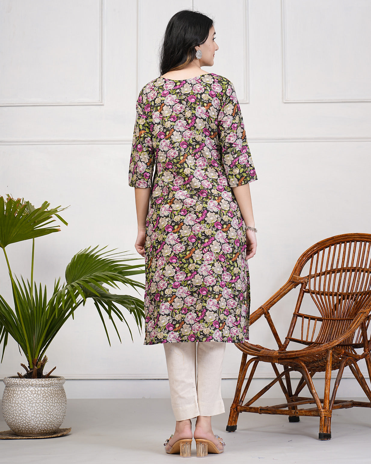 Black Floral Printed With Mirror Work Cotton Kurti