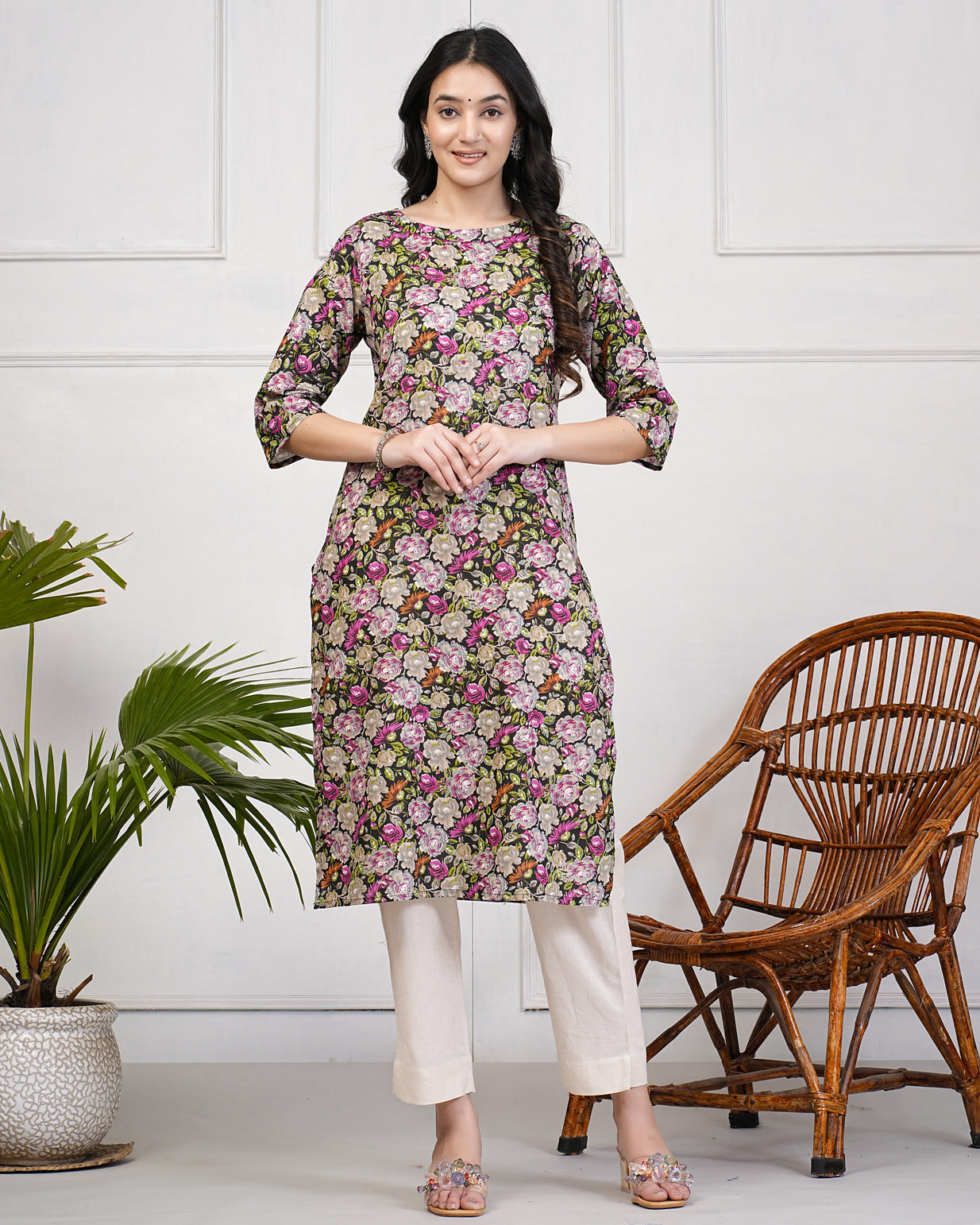 Black Floral Printed With Mirror Work Cotton Kurti