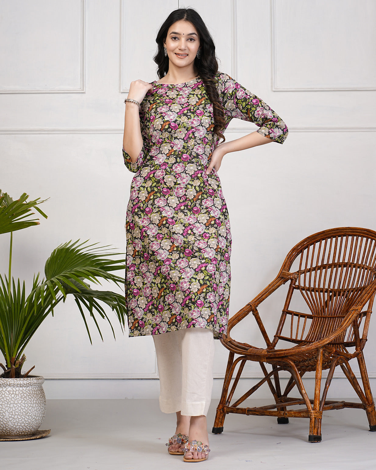 Black Floral Printed With Mirror Work Cotton Kurti