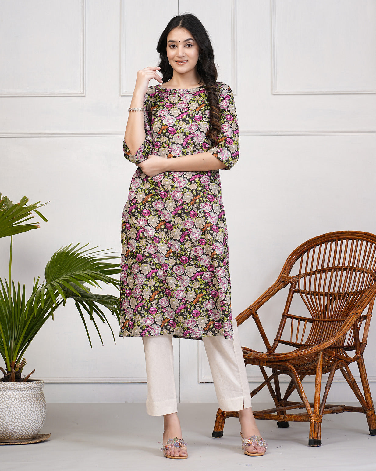 Black Floral Printed With Mirror Work Cotton Kurti