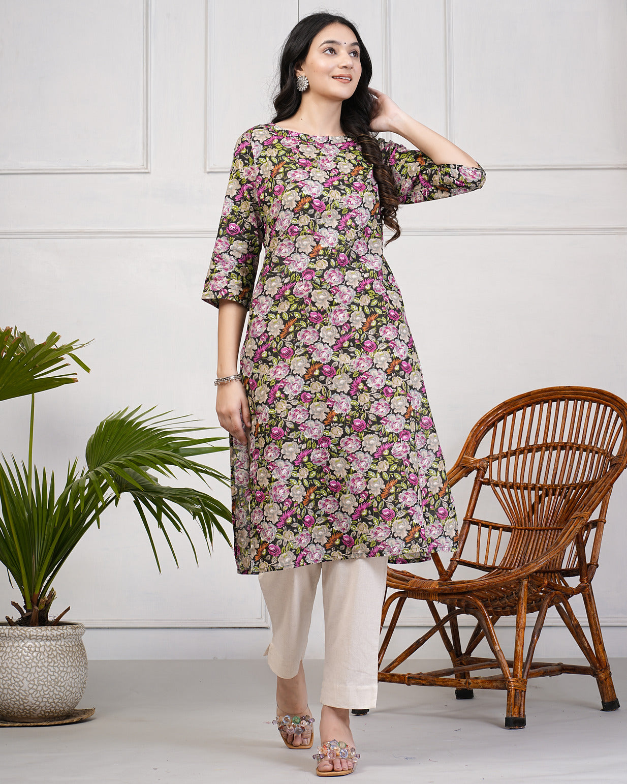 Black Floral Printed With Mirror Work Cotton Kurti