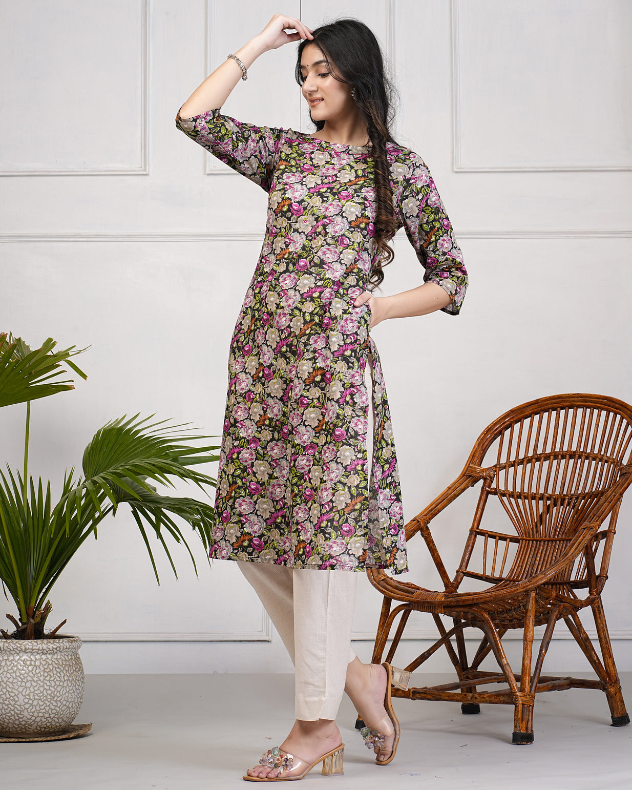 Black Floral Printed With Mirror Work Cotton Kurti