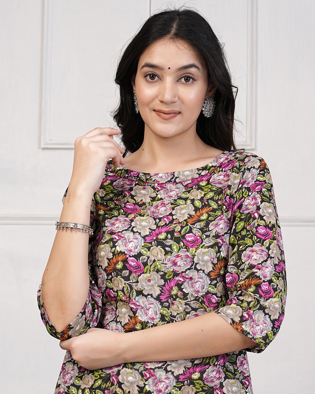 Black Floral Printed With Mirror Work Cotton Kurti