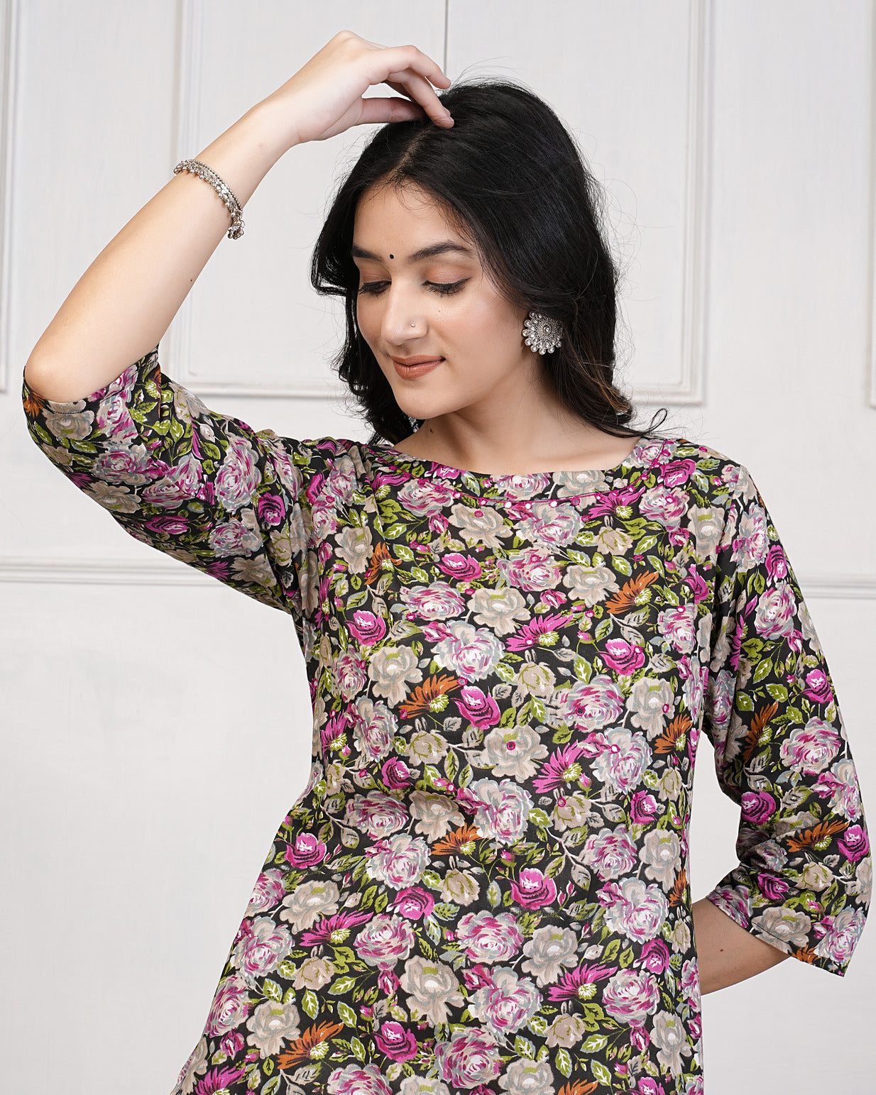 Black Floral Printed With Mirror Work Cotton Kurti