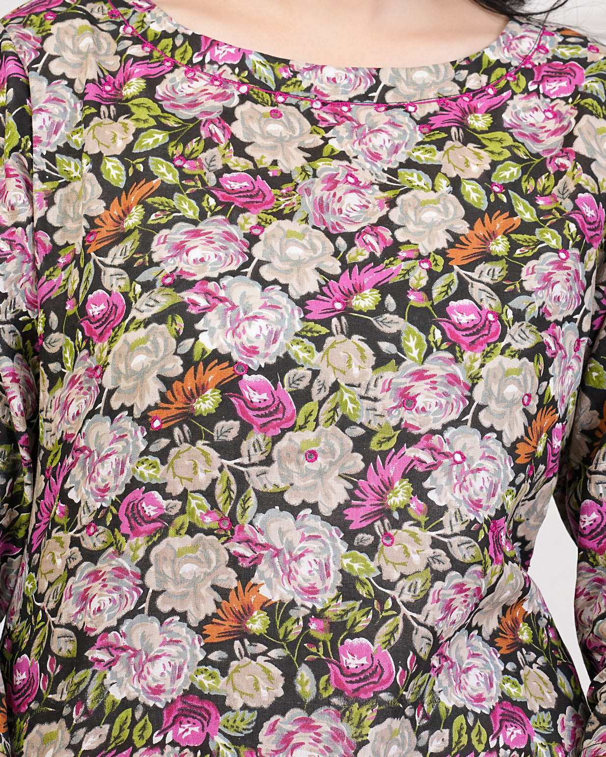 Black Floral Printed With Mirror Work Cotton Kurti