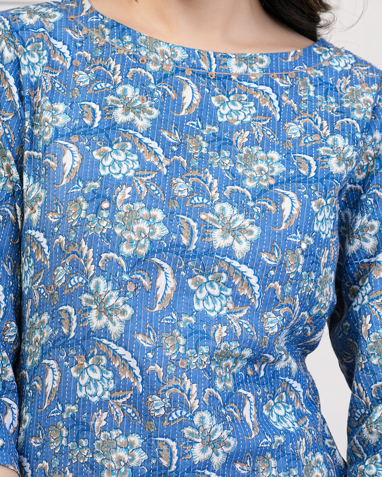 Blue Katha Stitch With Floral Printed Cotton Kurti