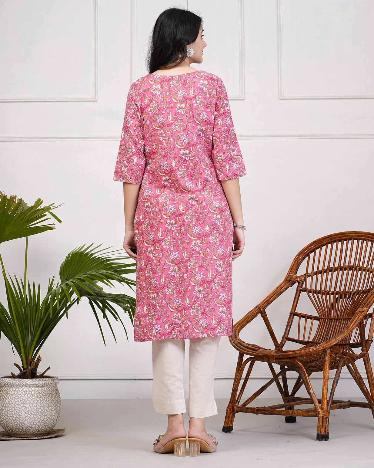 Pink Katha Stitch With Floral Printed Cotton Kurti