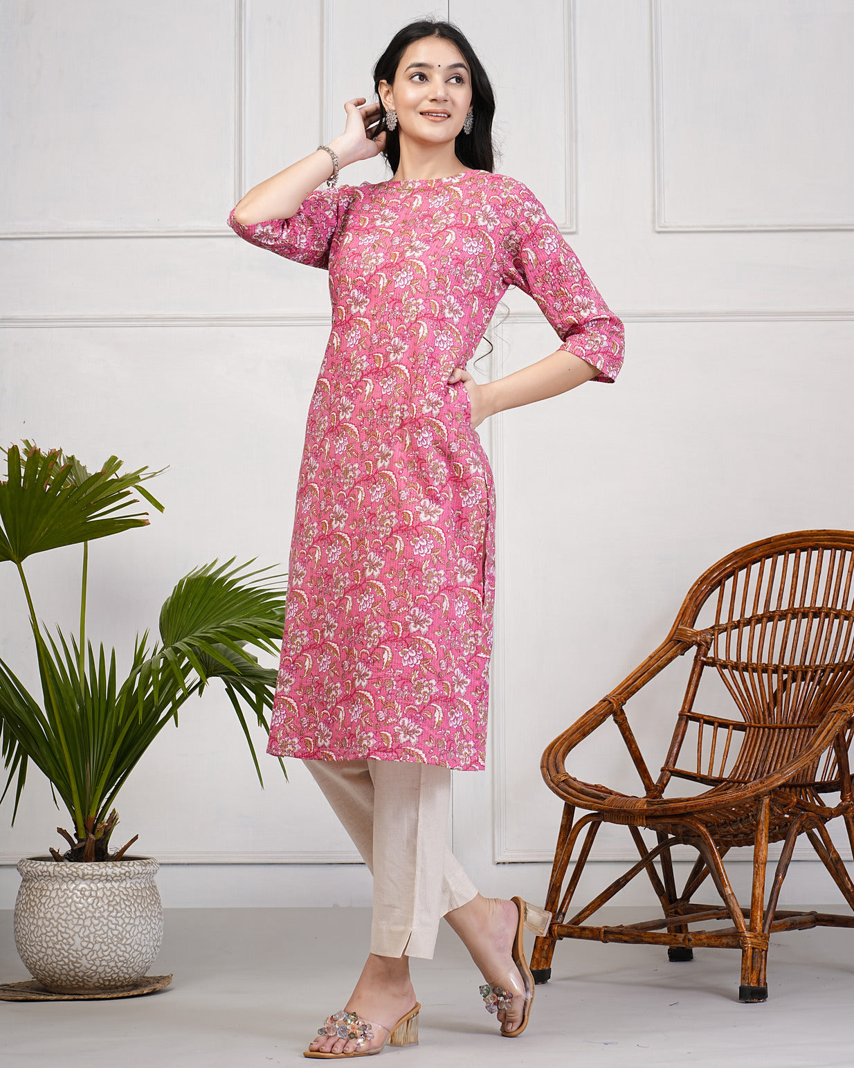 Pink Katha Stitch With Floral Printed Cotton Kurti