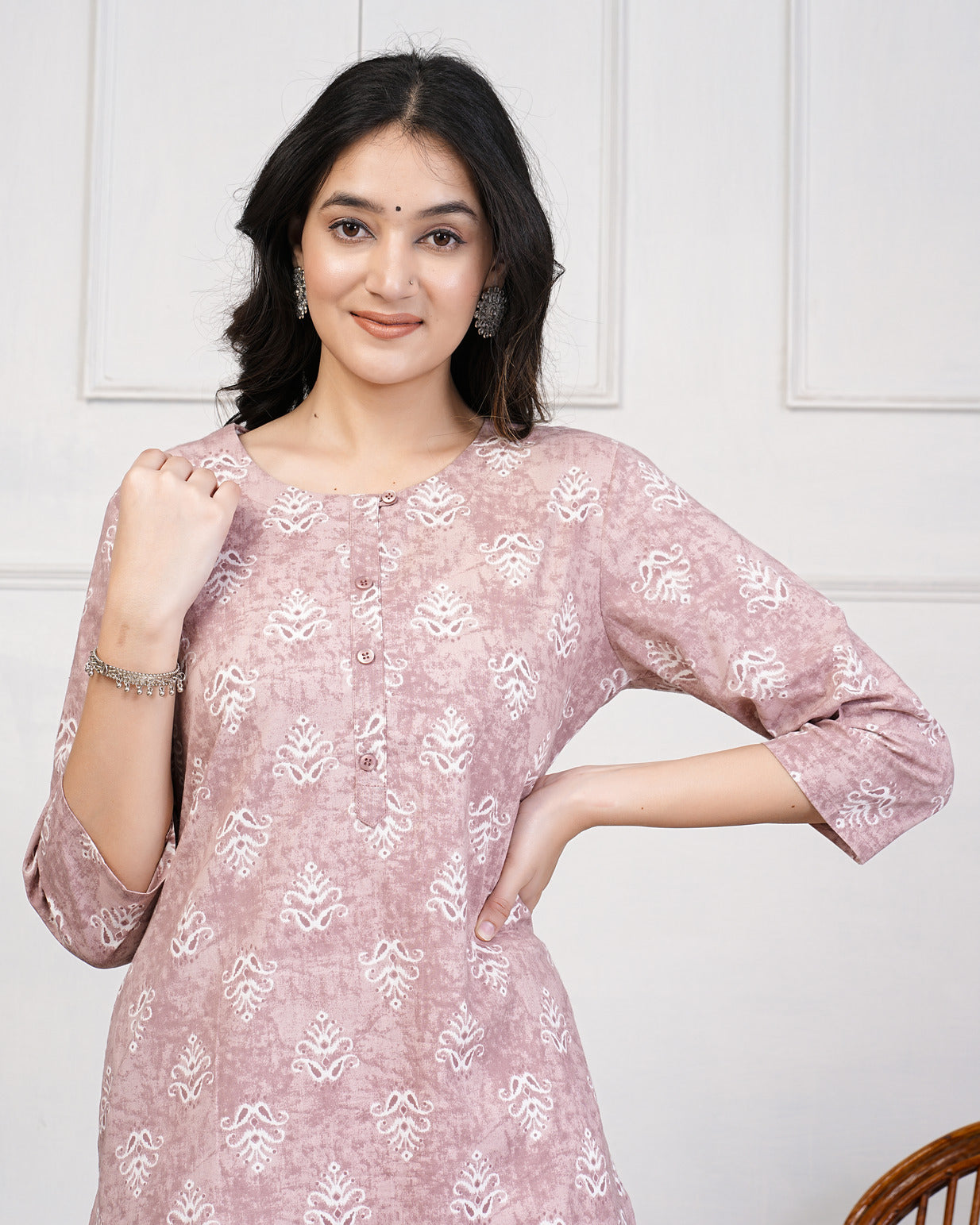 Baby Pink With Floral Print Cotton Kurti