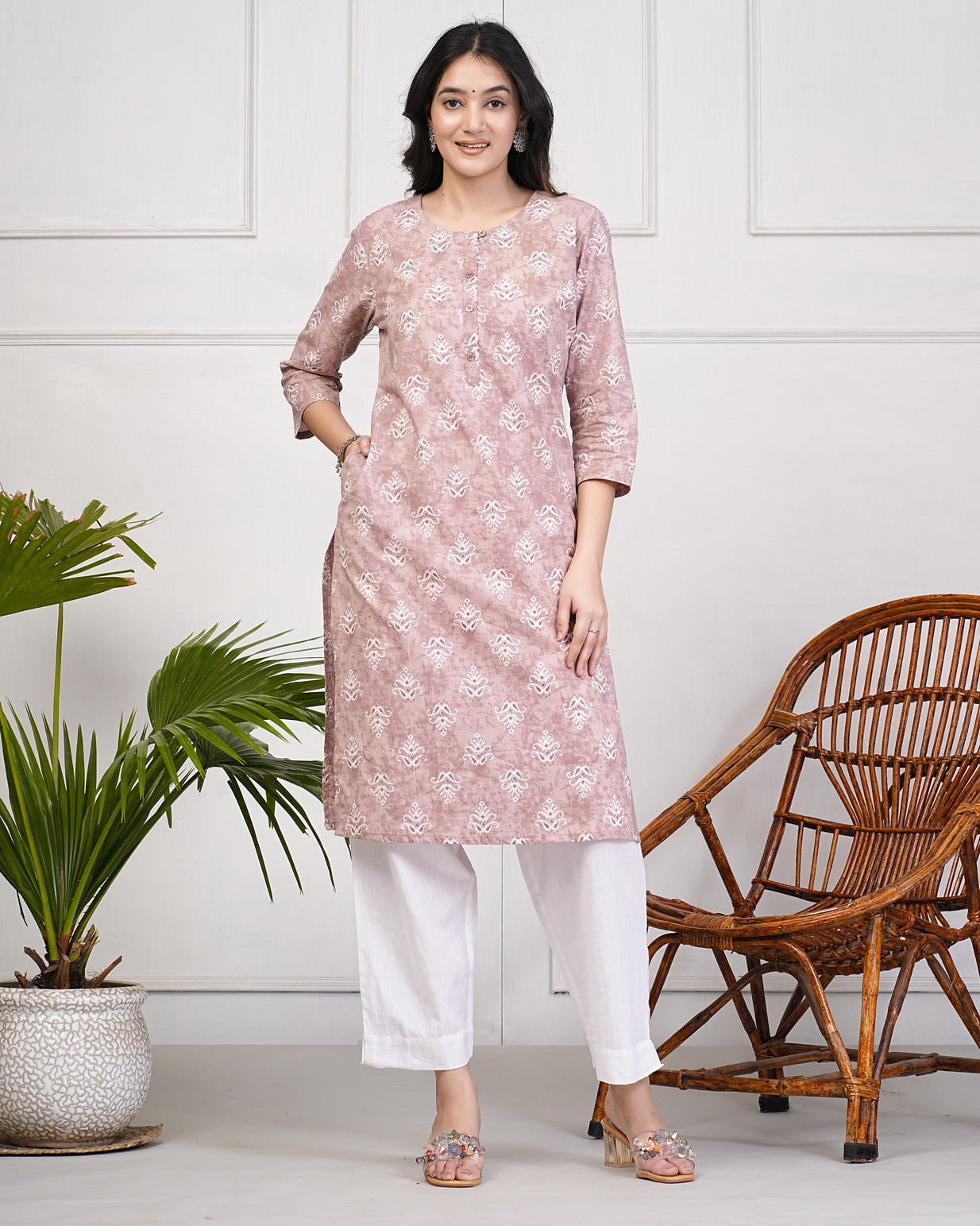 Baby Pink With Floral Print Cotton Kurti
