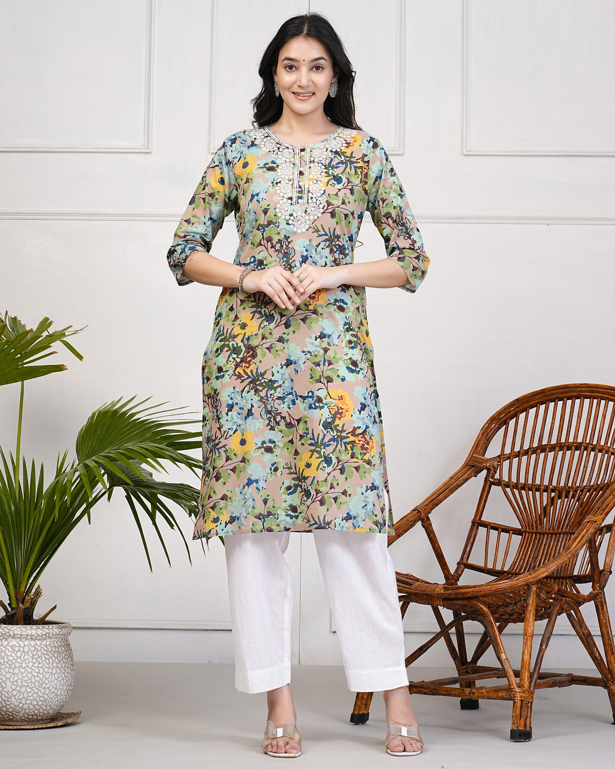 Camouflage With Neck Embroidery Print Cotton Kurti