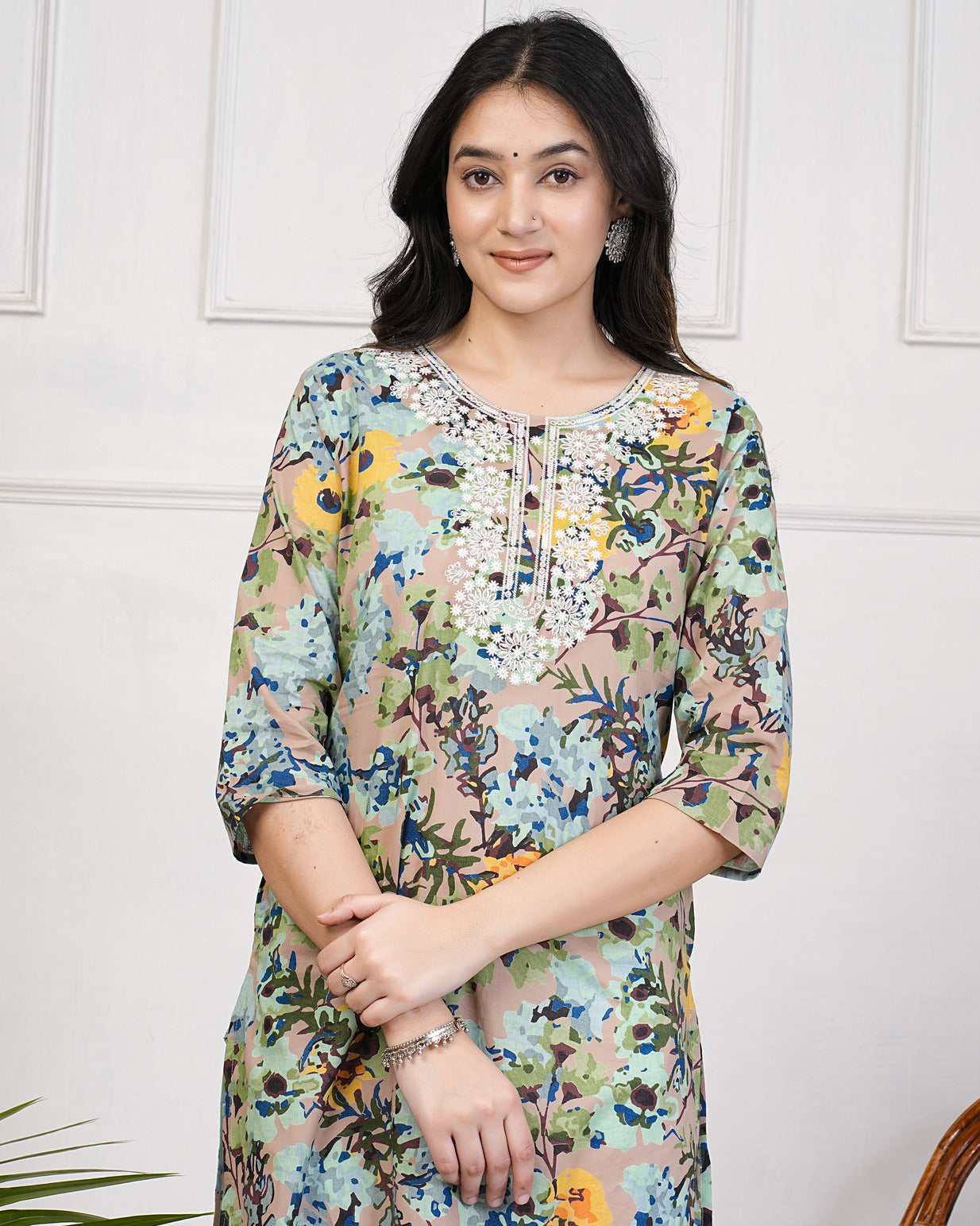 Camouflage With Neck Embroidery Print Cotton Kurti