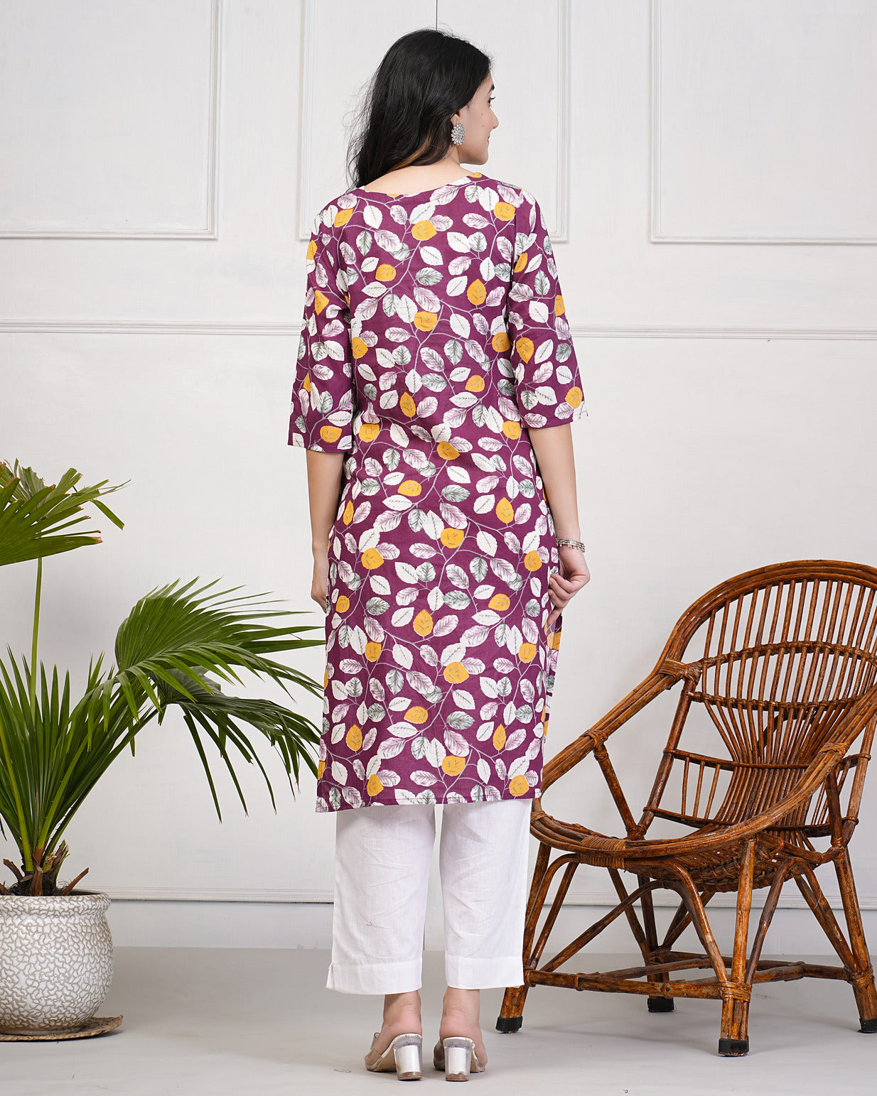Wine Printed With Neck Mirror Work Cotton Kurti