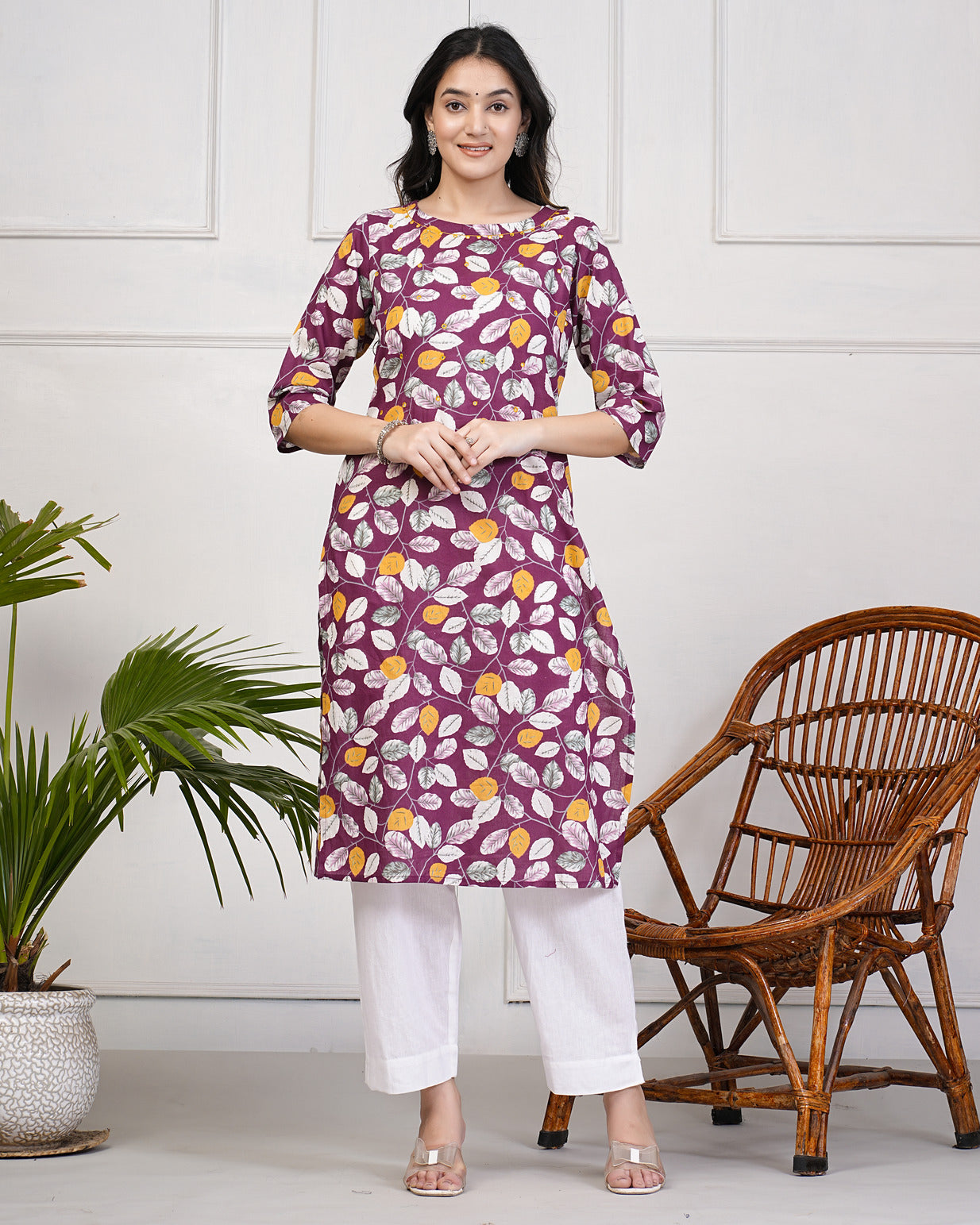 Wine Printed With Neck Mirror Work Cotton Kurti