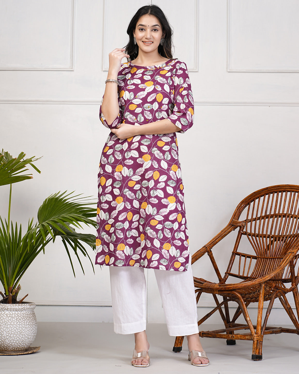 Wine Printed With Neck Mirror Work Cotton Kurti