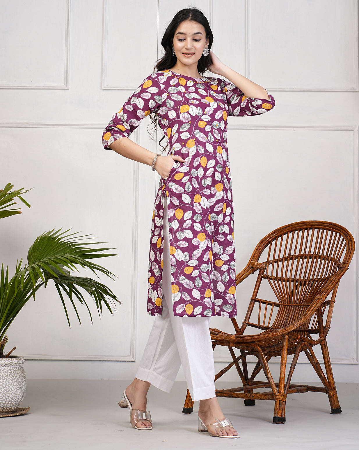Wine Printed With Neck Mirror Work Cotton Kurti