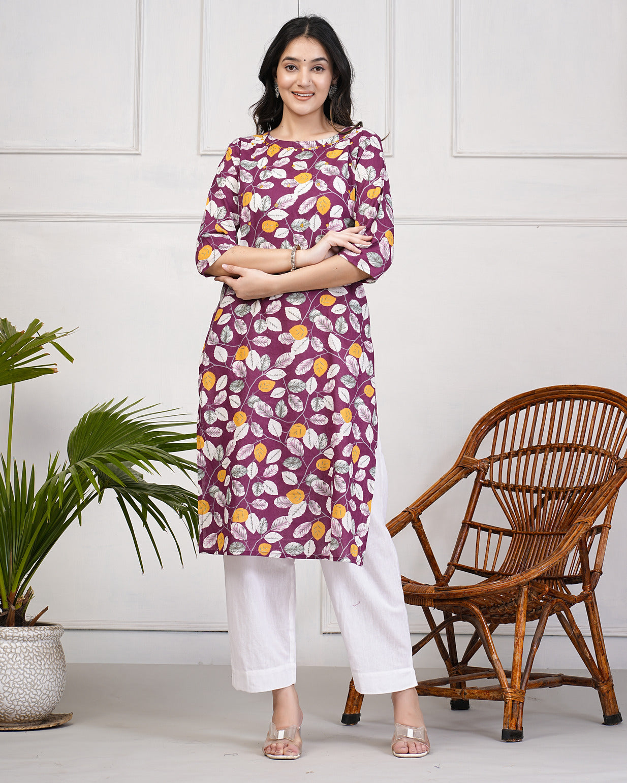 Wine Printed With Neck Mirror Work Cotton Kurti