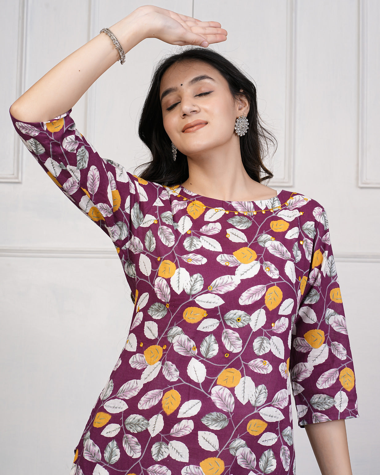Wine Printed With Neck Mirror Work Cotton Kurti