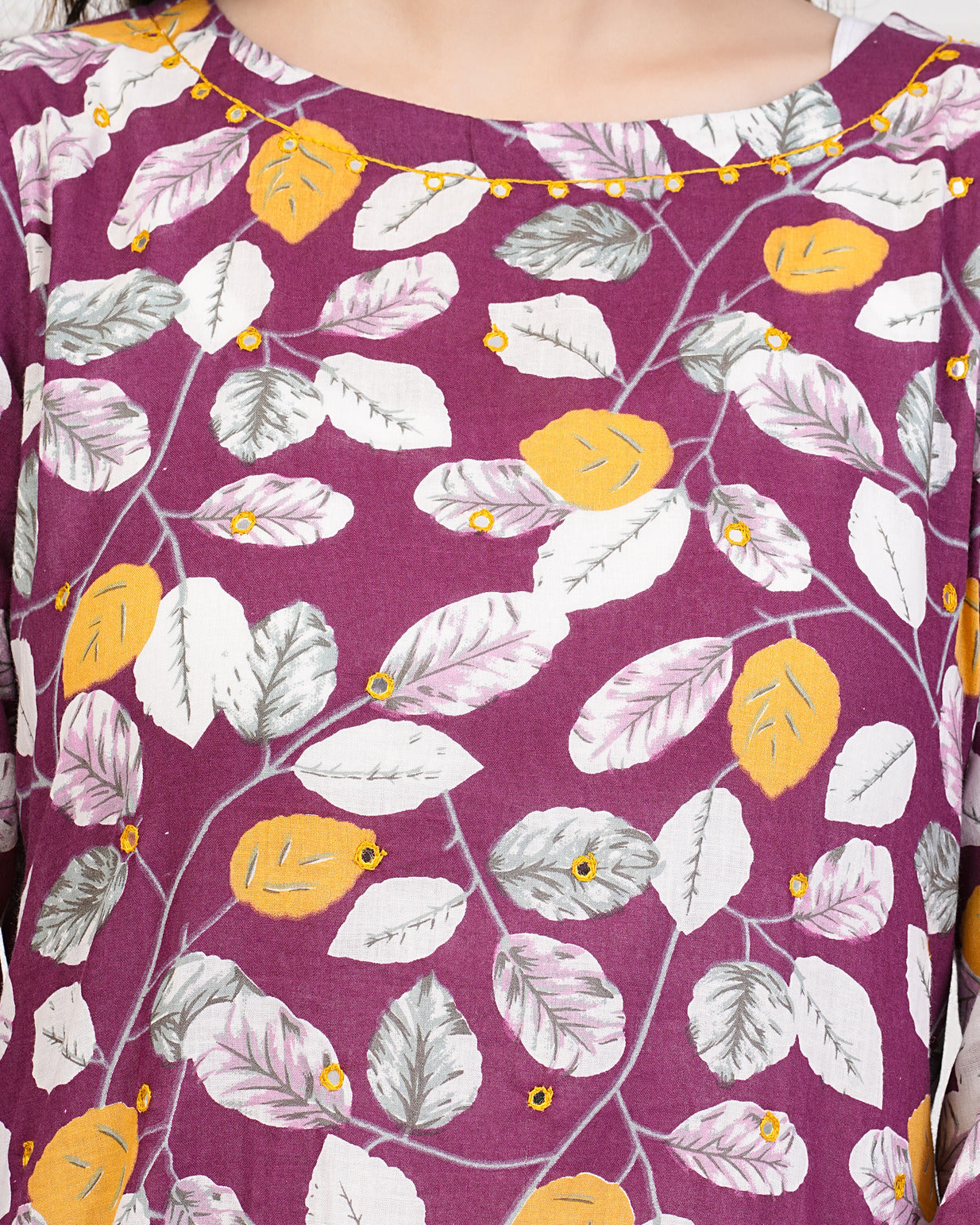 Wine Printed With Neck Mirror Work Cotton Kurti