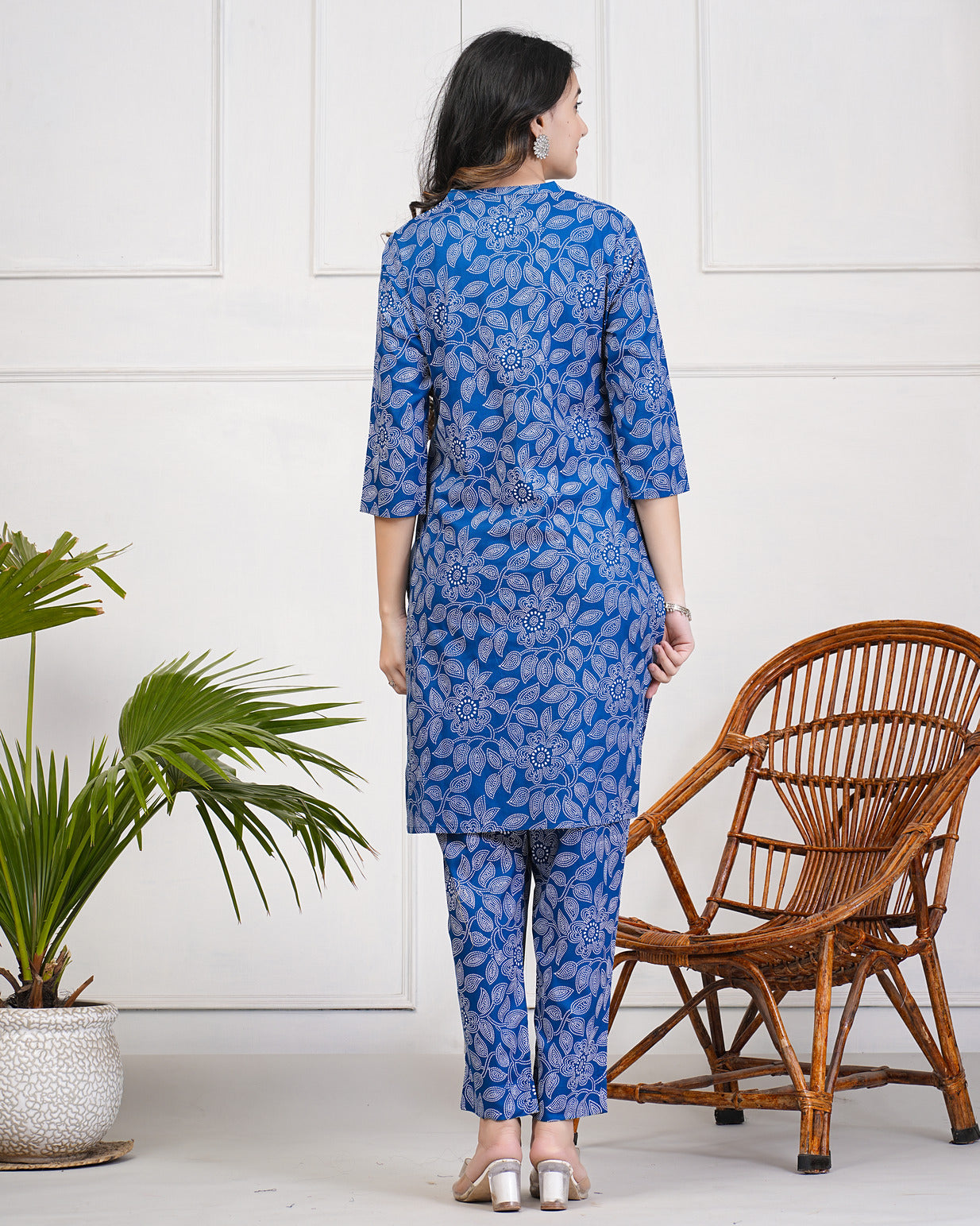 Blue With Block Printed Rayon Kurti Set