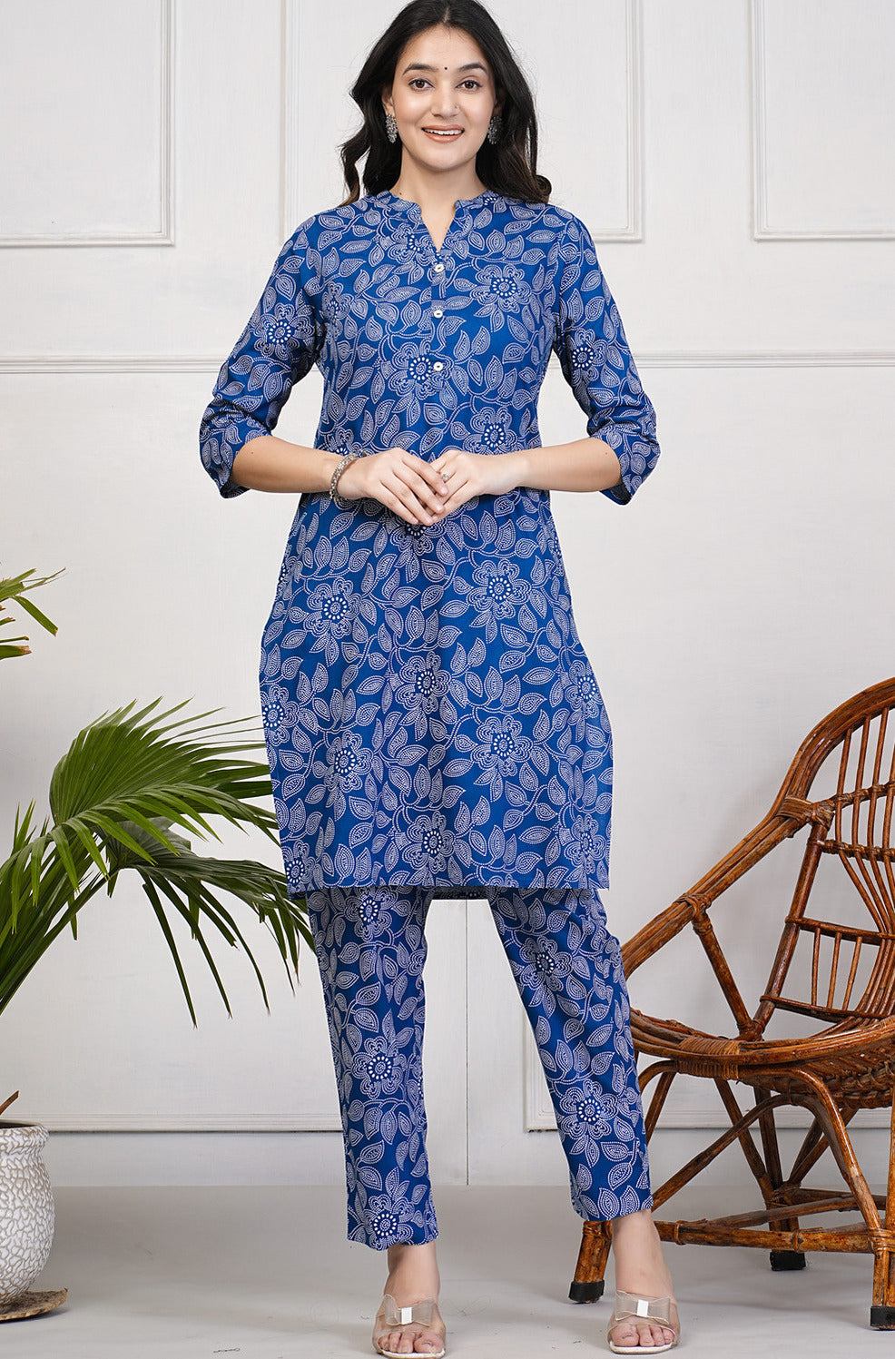 Blue With Block Printed Rayon Kurti Set