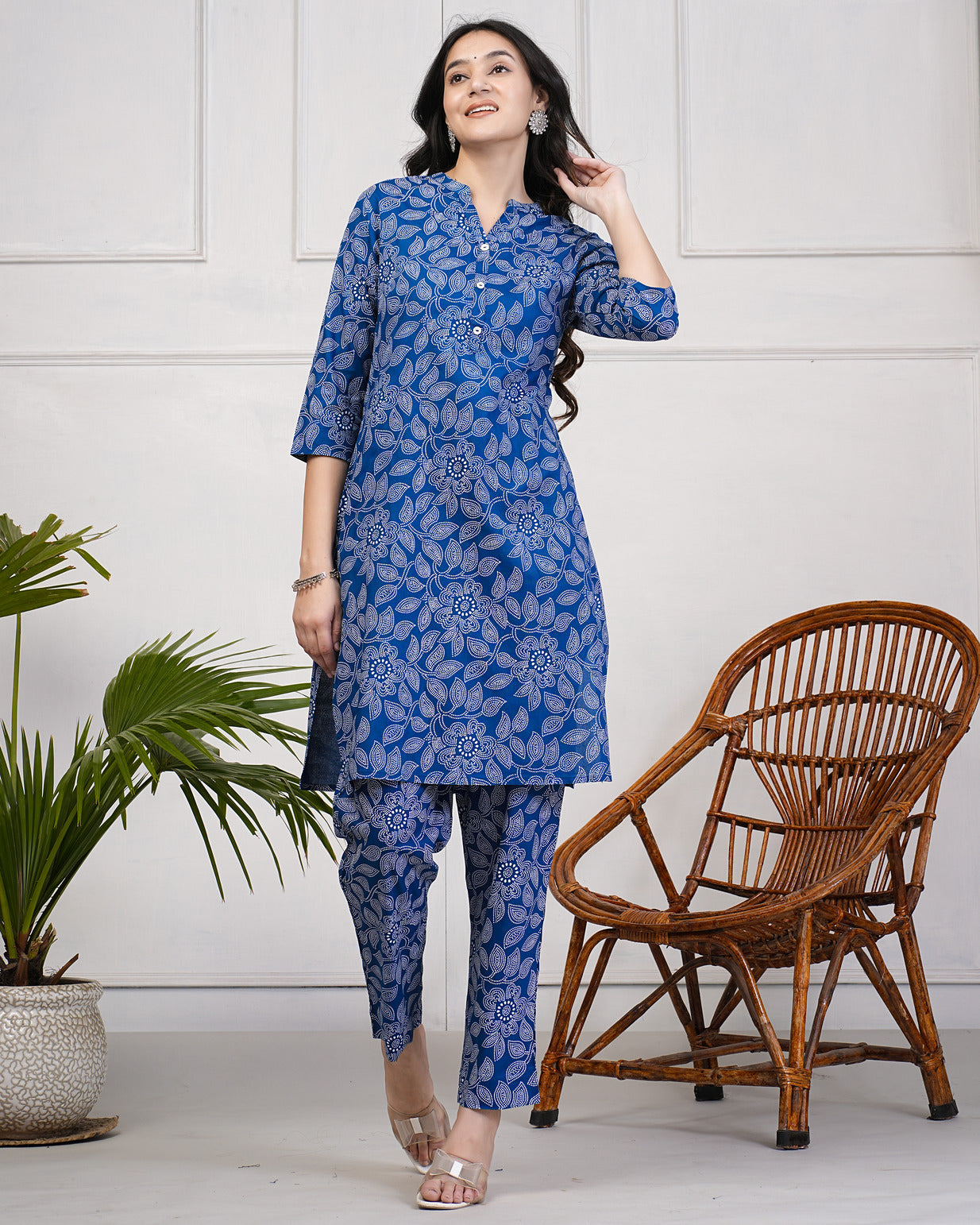 Blue With Block Printed Rayon Kurti Set