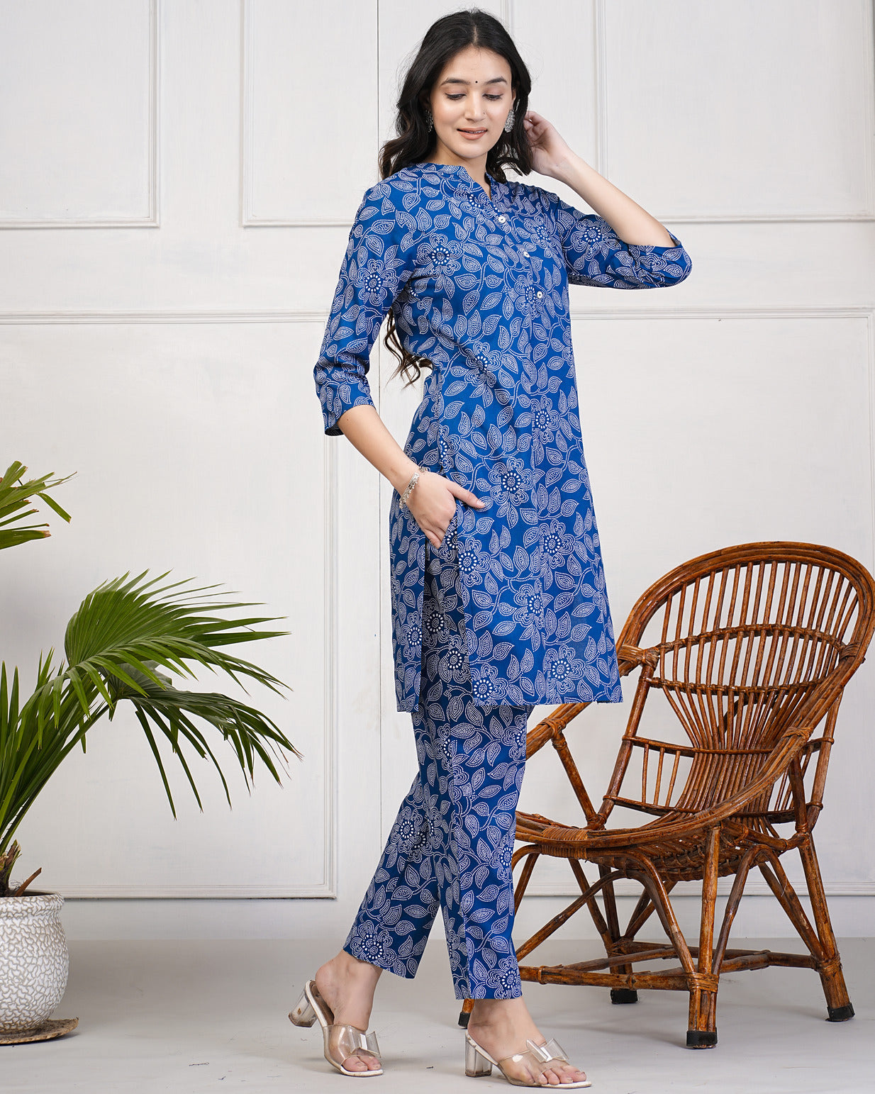Blue With Block Printed Rayon Kurti Set