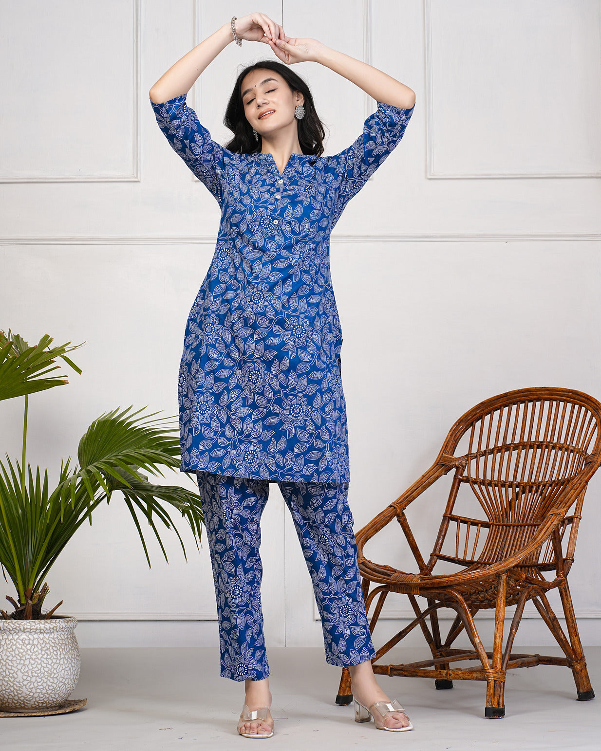 Blue With Block Printed Rayon Kurti Set