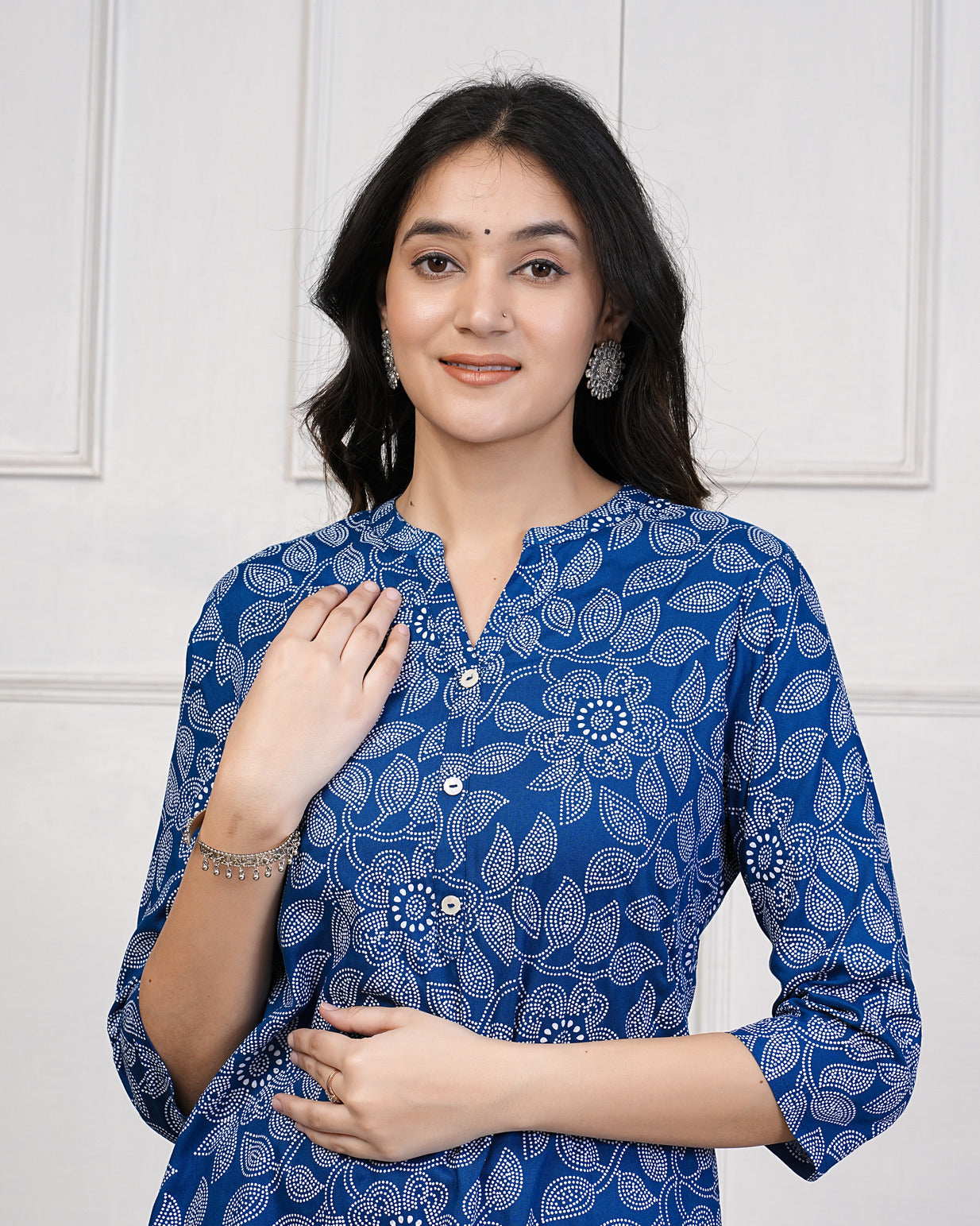 Blue With Block Printed Rayon Kurti Set
