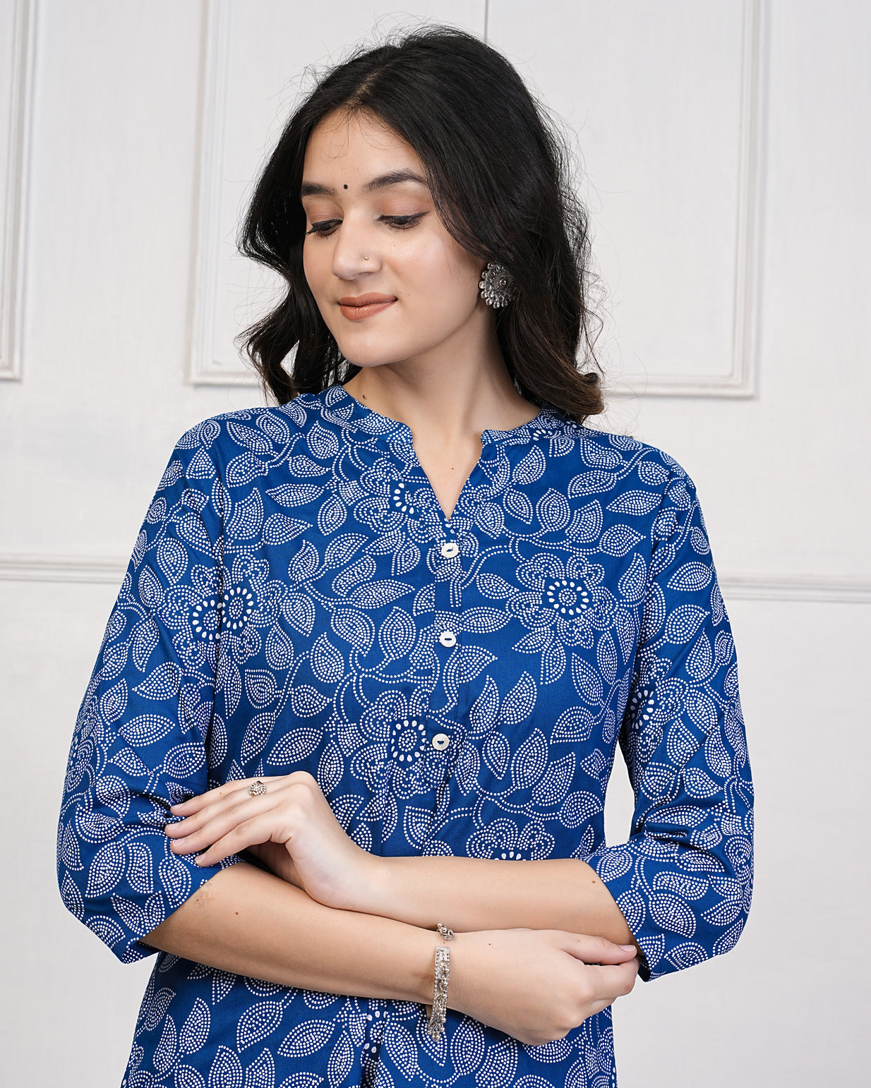 Blue With Block Printed Rayon Kurti Set