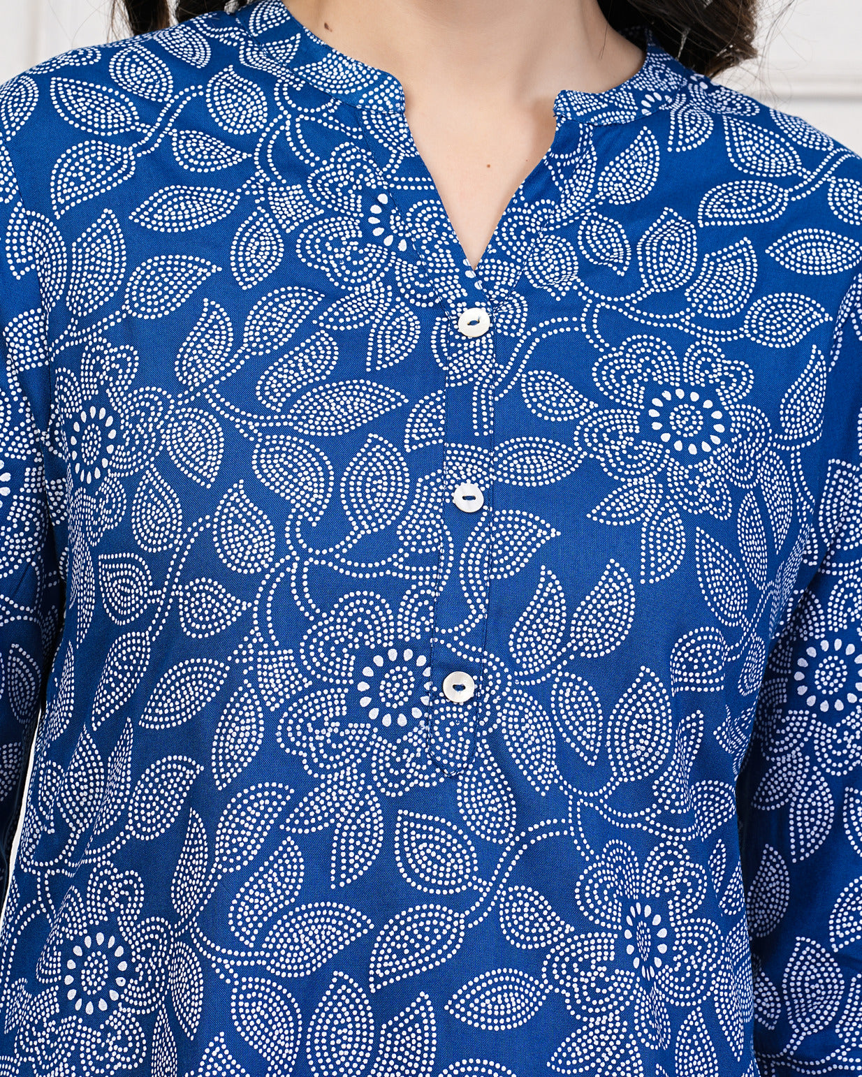 Blue With Block Printed Rayon Kurti Set