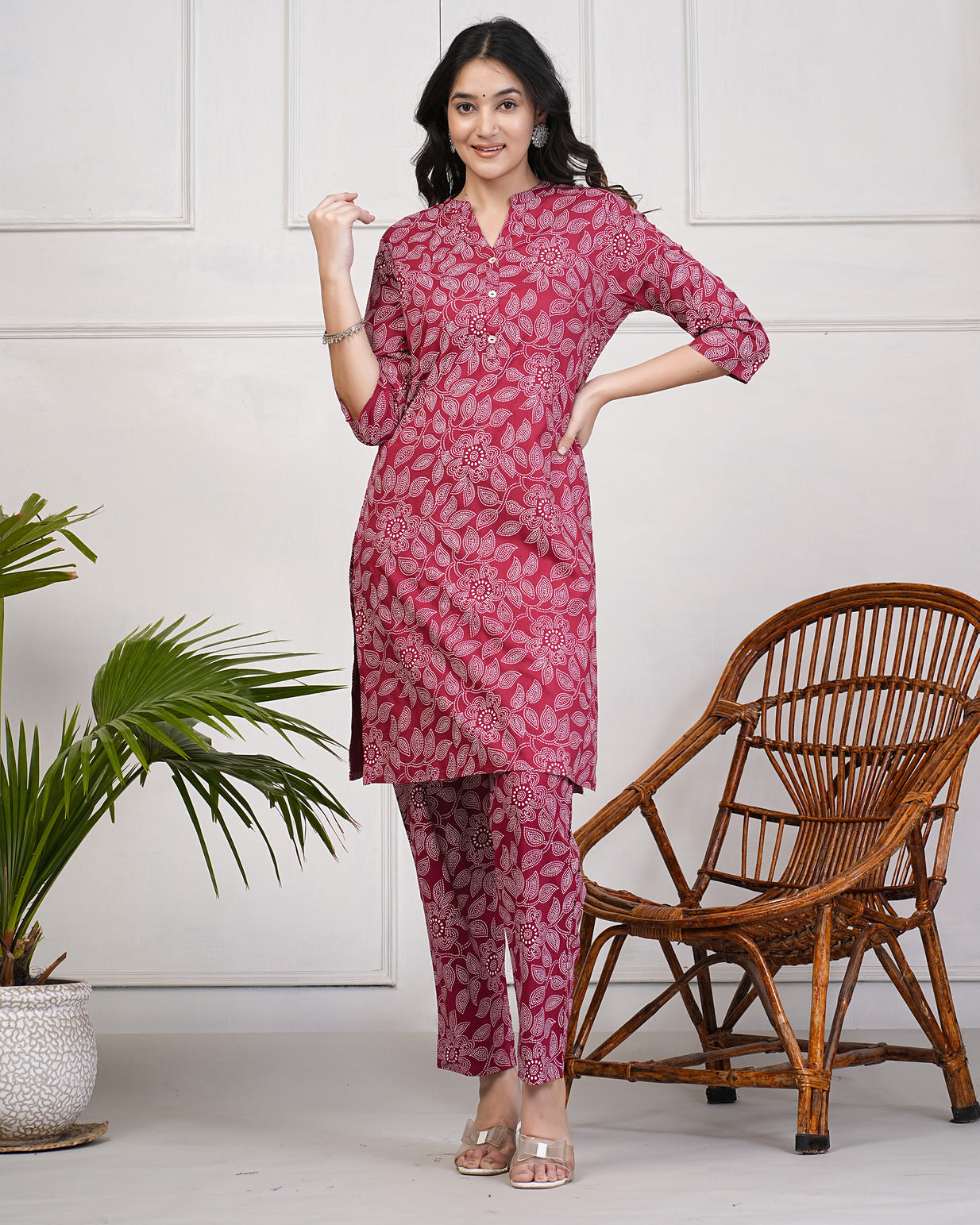 Maroon With Block Printed Rayon Kurti Set