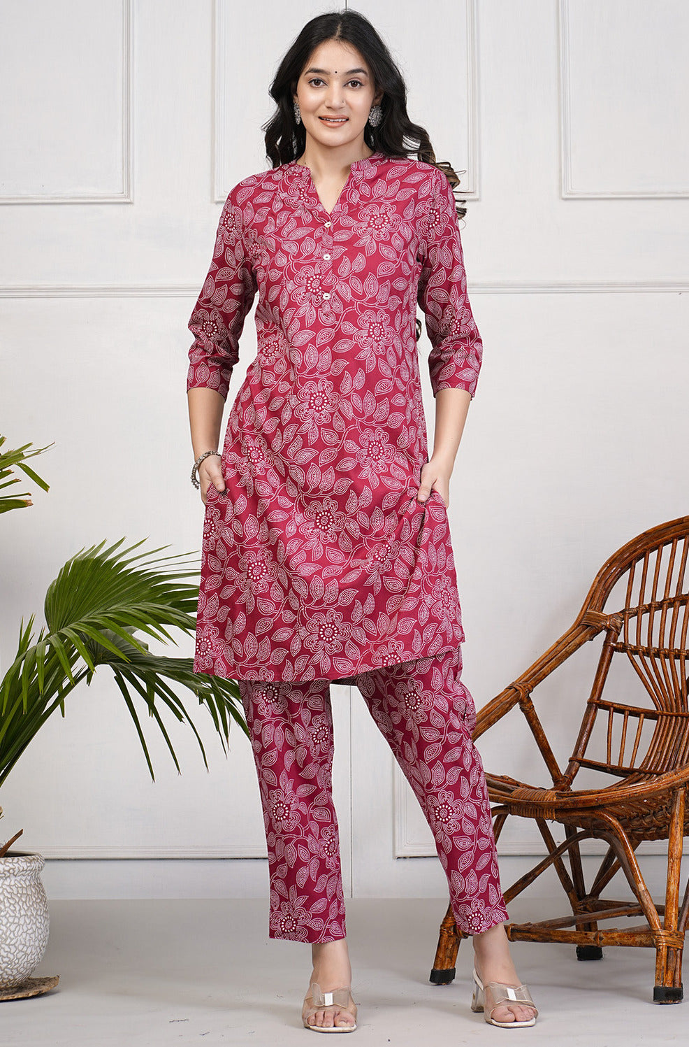 Maroon With Block Printed Rayon Kurti Set