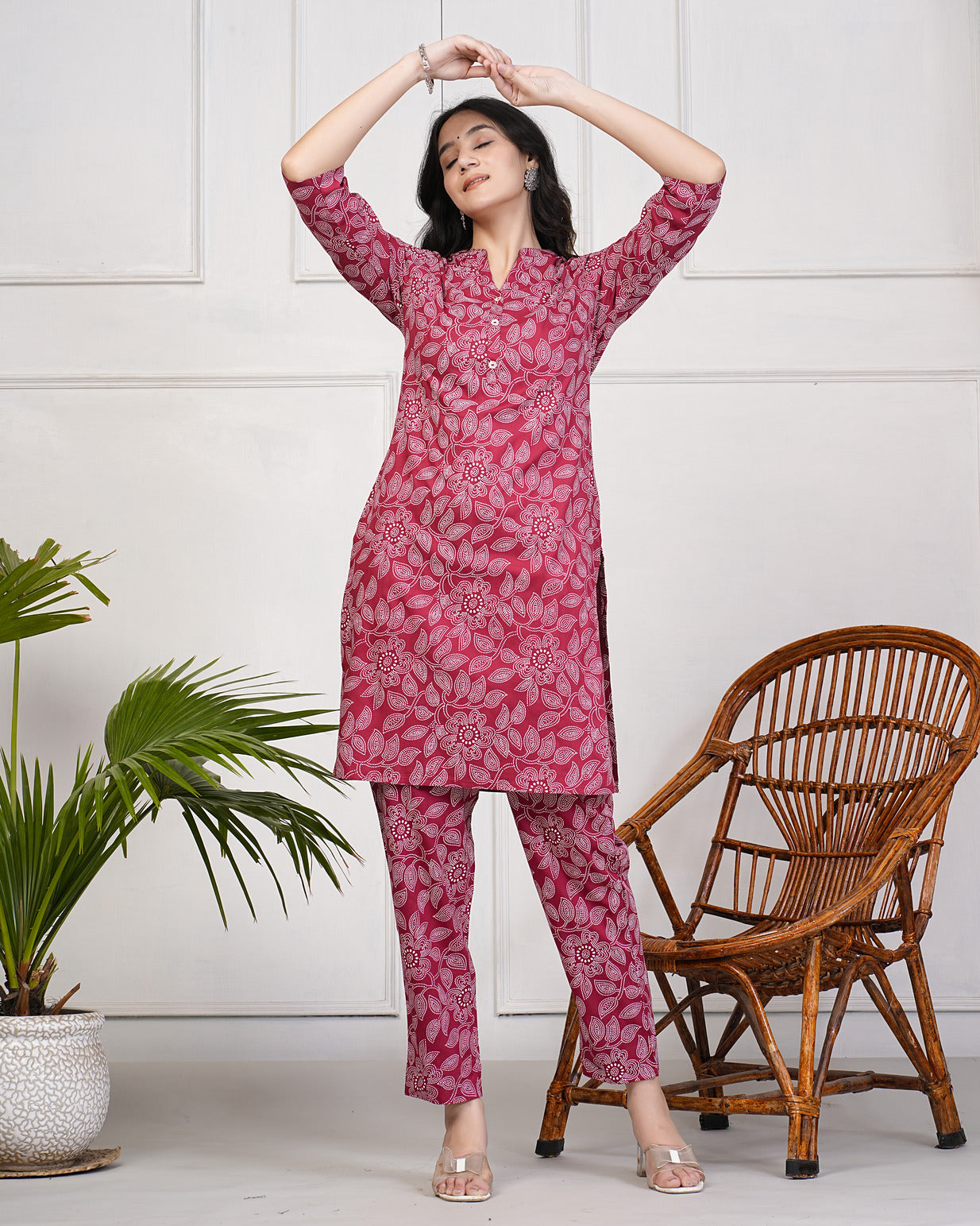 Maroon With Block Printed Rayon Kurti Set