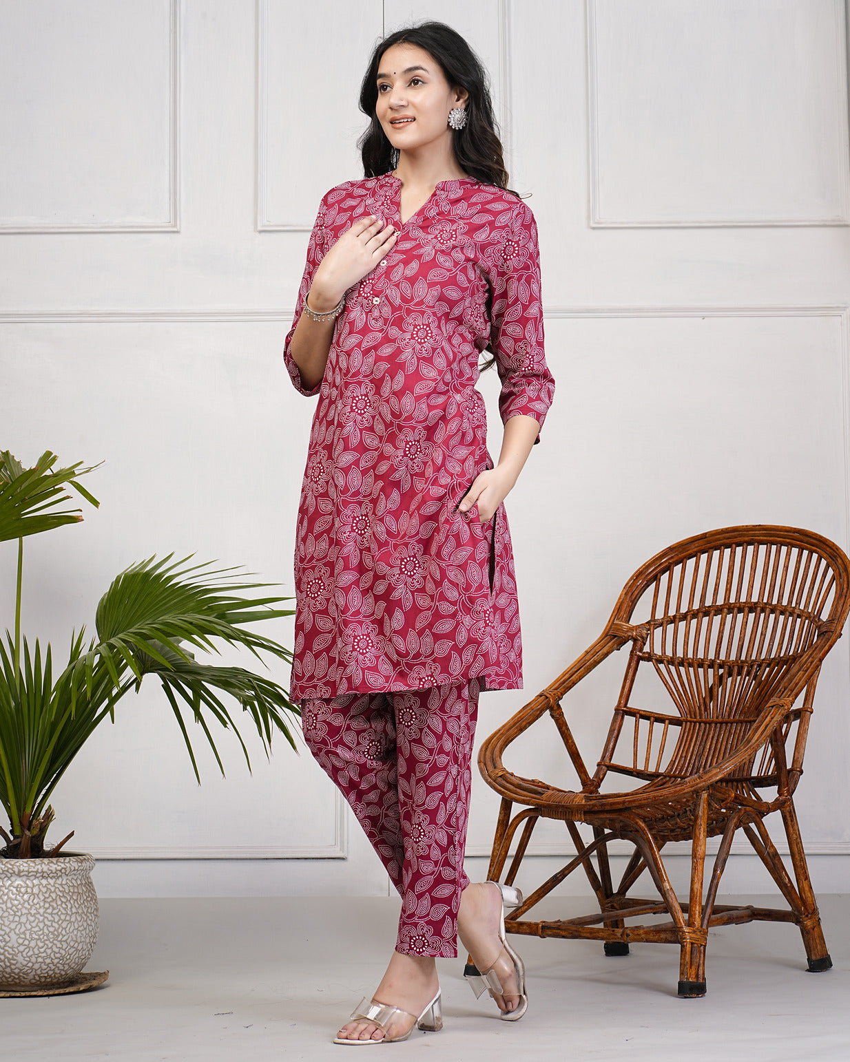 Maroon With Block Printed Rayon Kurti Set