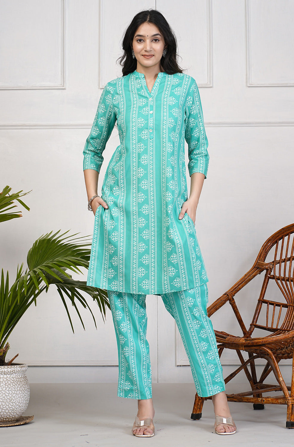 Green With Block Printed Rayon Kurti Set