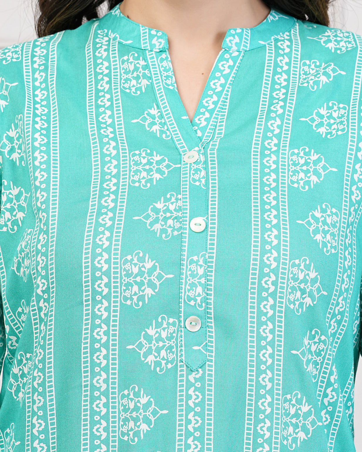 Green With Block Printed Rayon Kurti Set