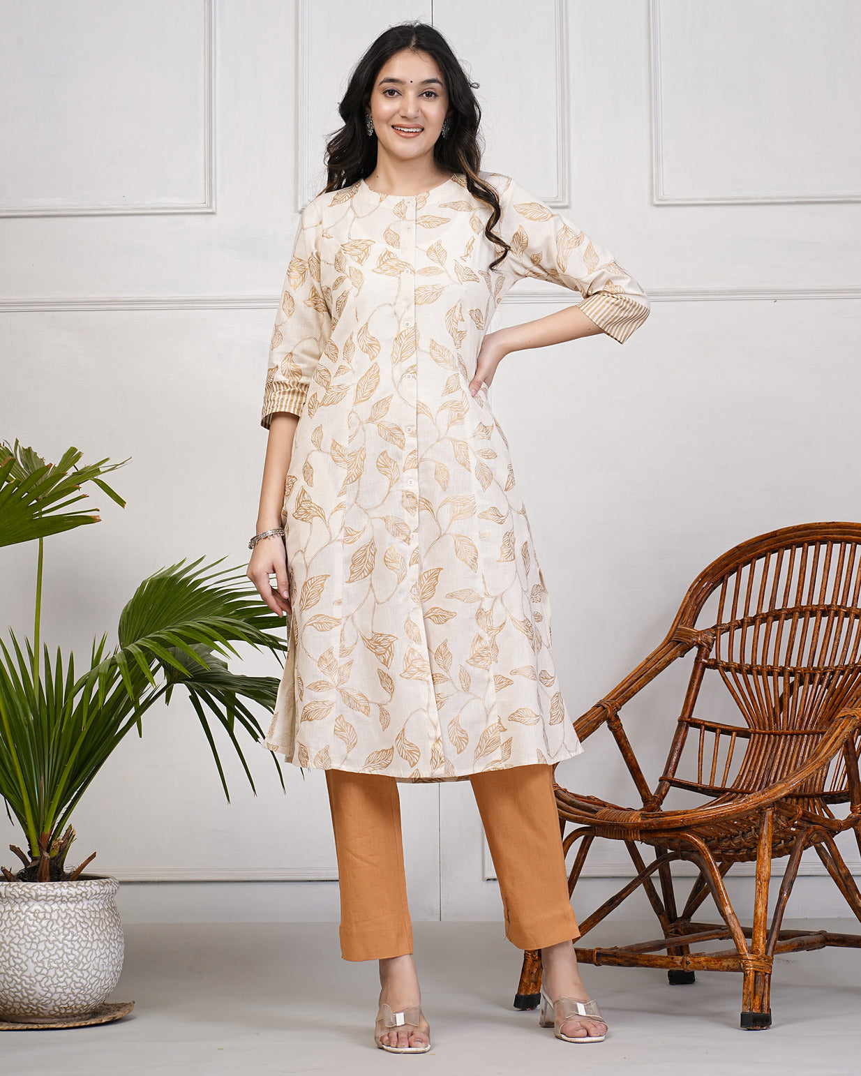 White with Golden Leafy Printed Cotton Kurti