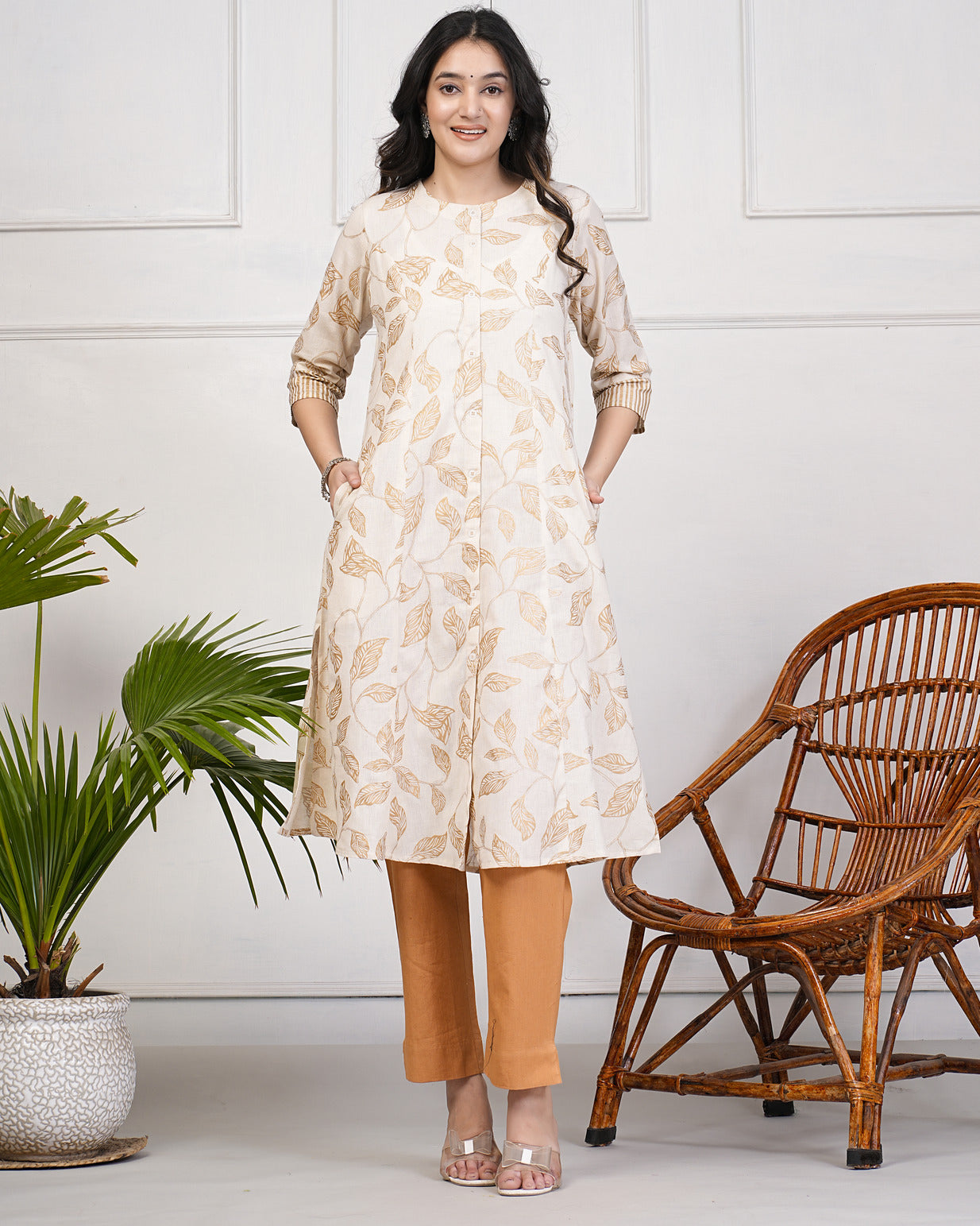 White with Golden Leafy Printed Cotton Kurti