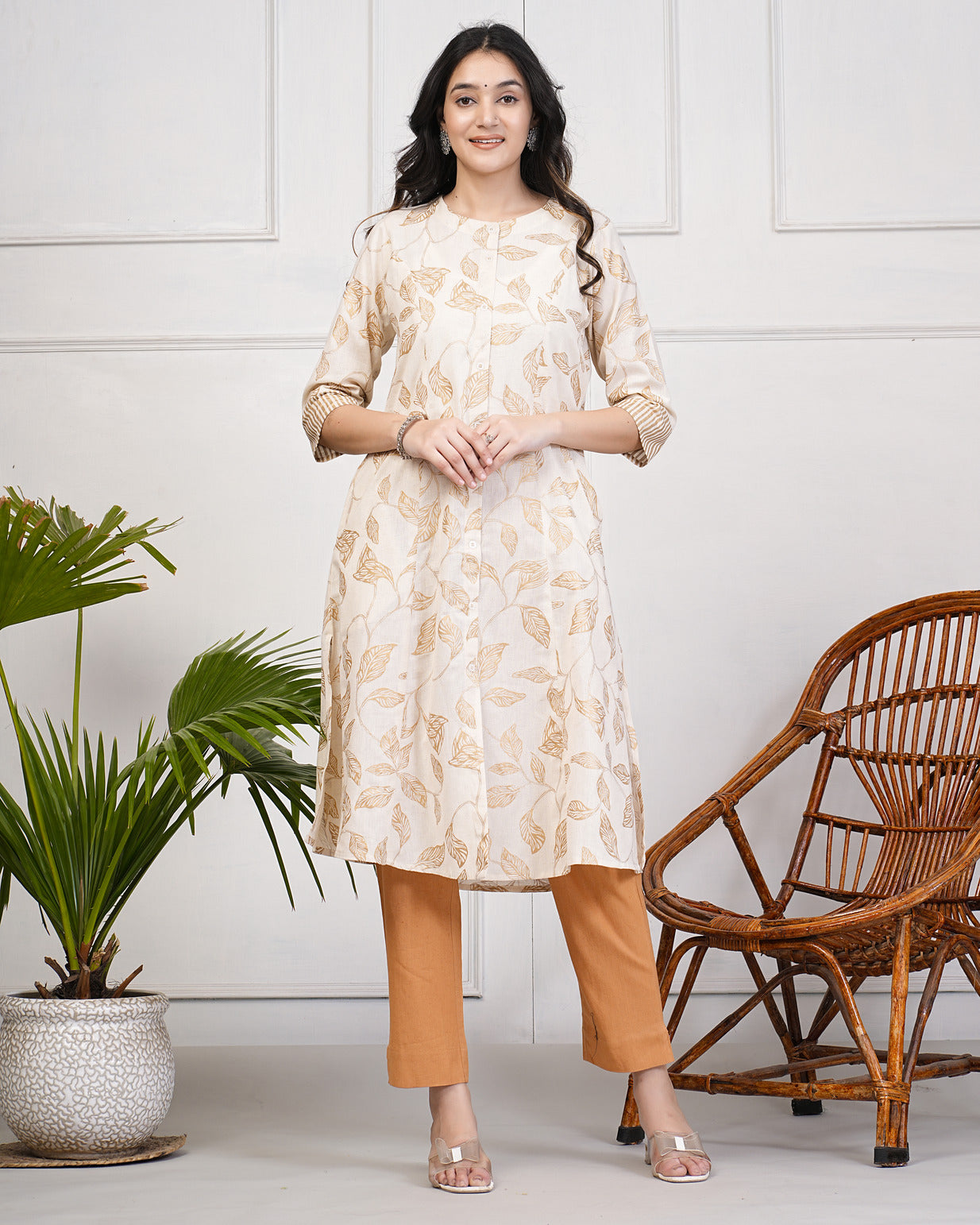 White with Golden Leafy Printed Cotton Kurti