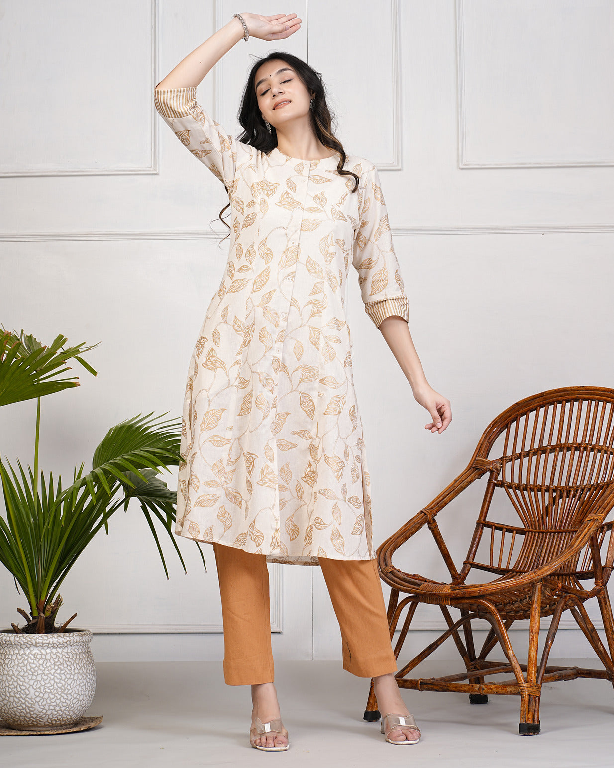 White with Golden Leafy Printed Cotton Kurti