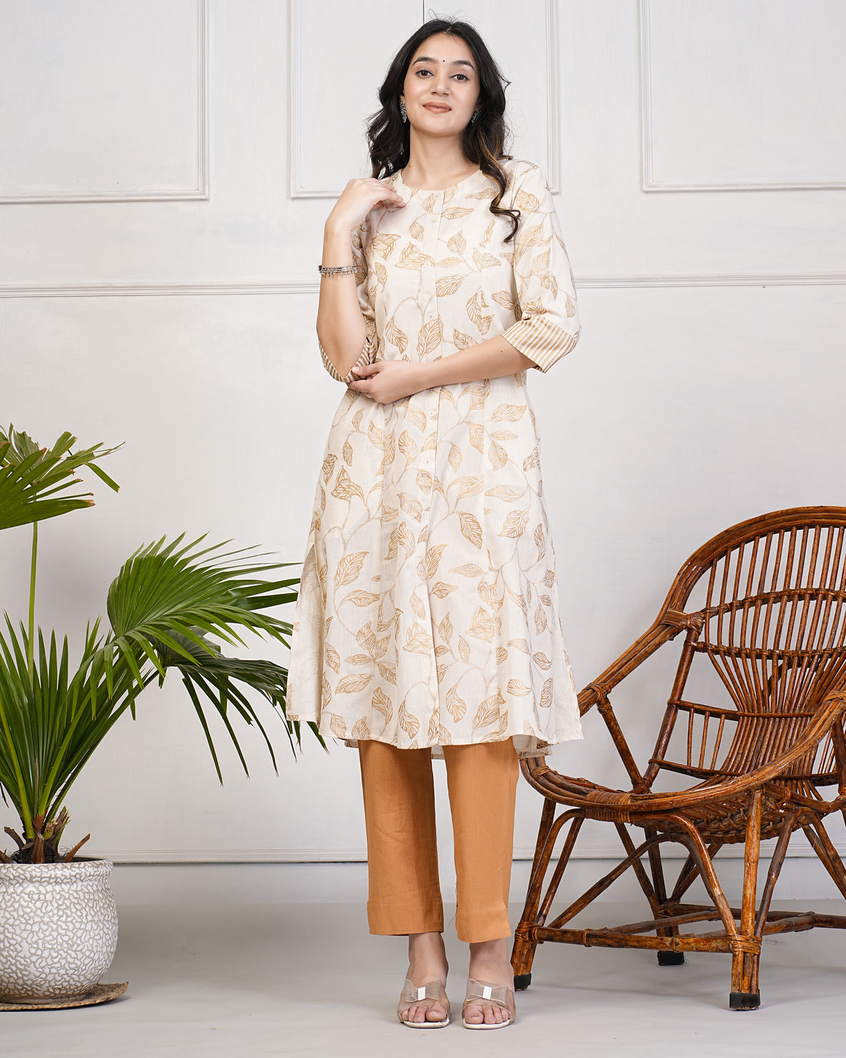 White with Golden Leafy Printed Cotton Kurti