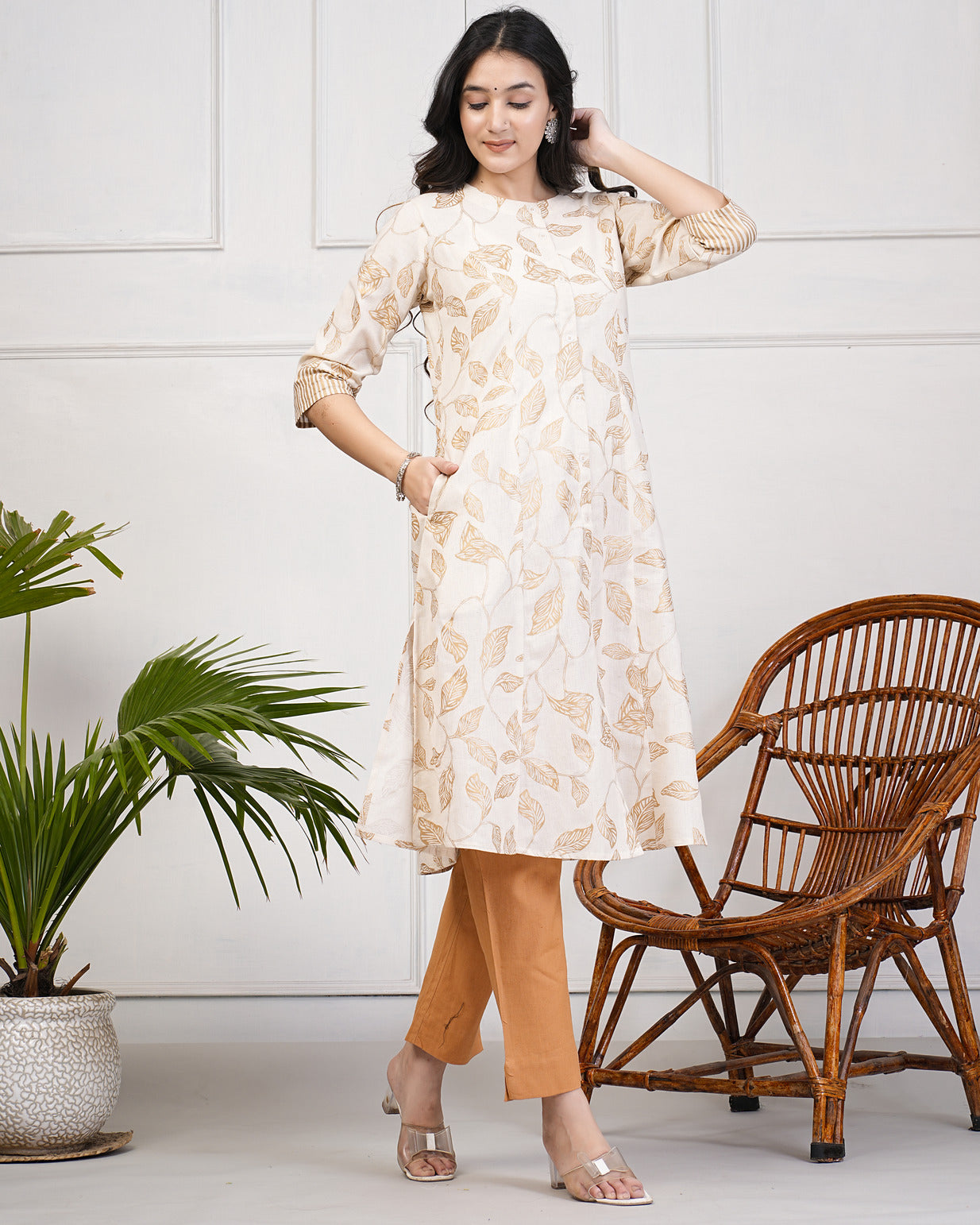 White with Golden Leafy Printed Cotton Kurti