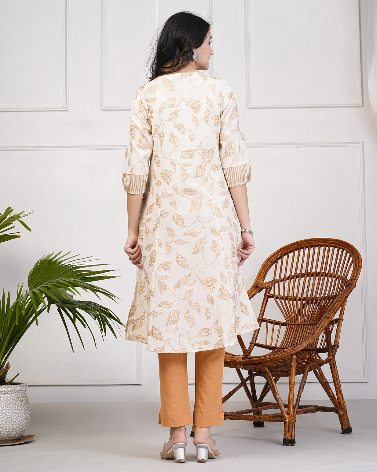 White with Golden Leafy Printed Cotton Kurti