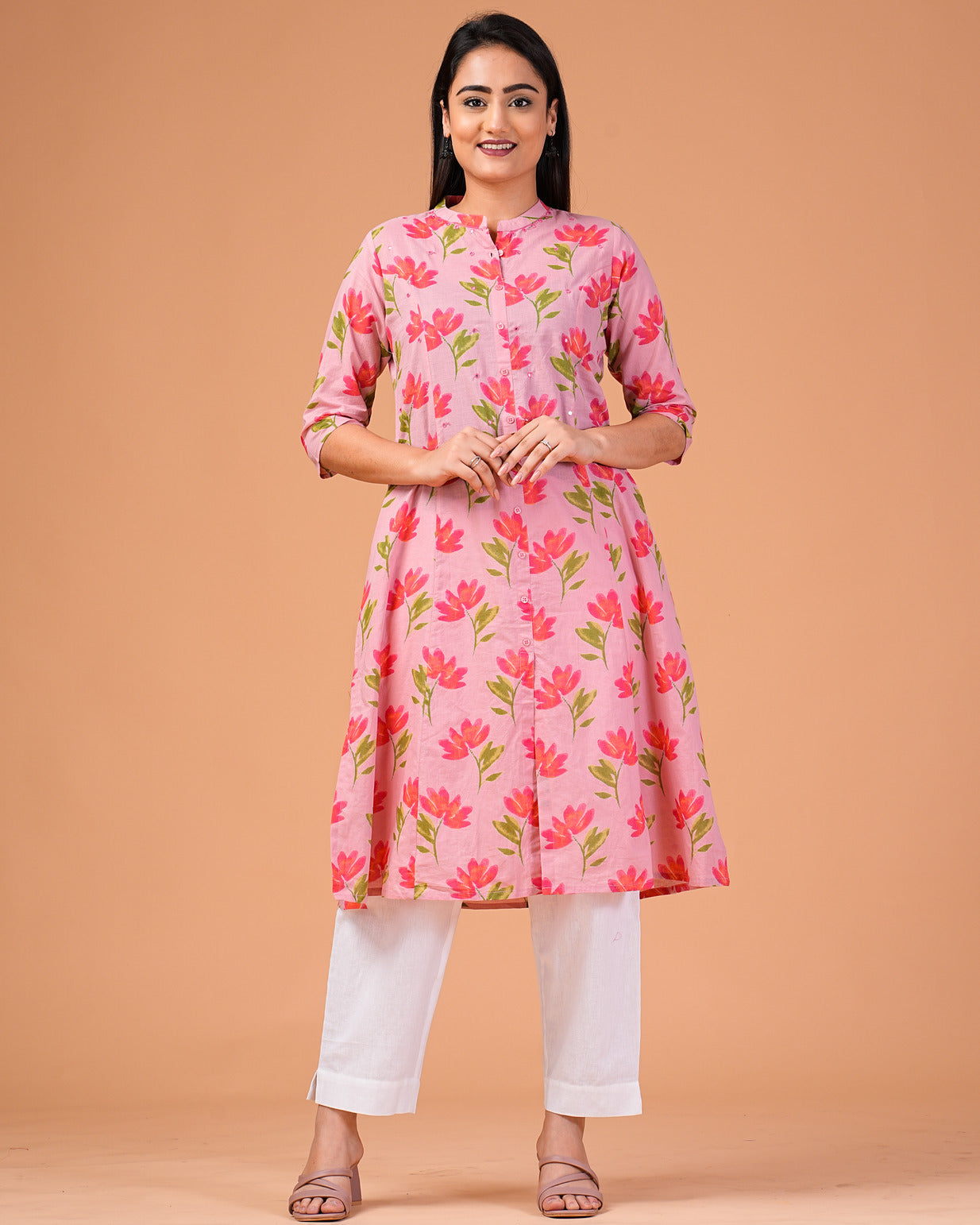 Pink Floral Printed Cotton Kurti