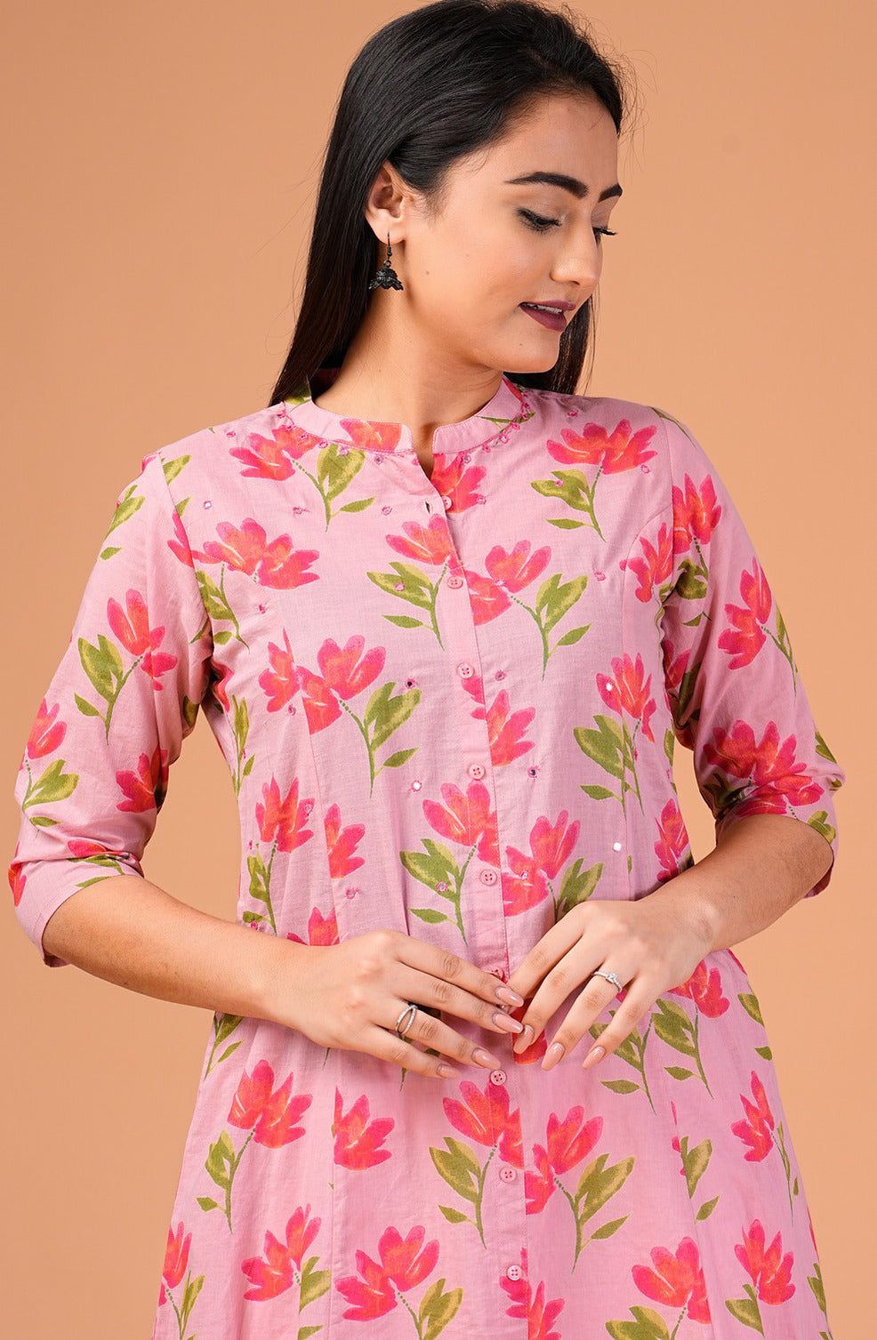 Pink Floral Printed Cotton Kurti